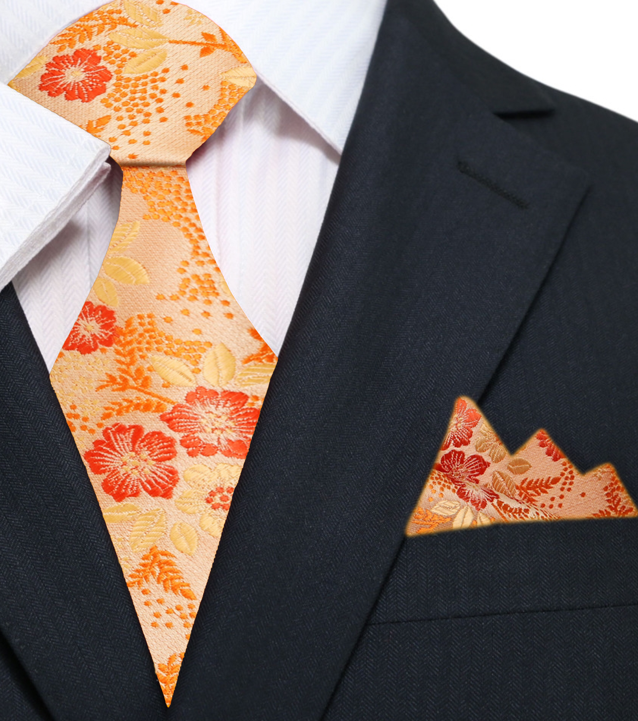 Man wearing floral necktie with a white shirt and navy suit for a wedding