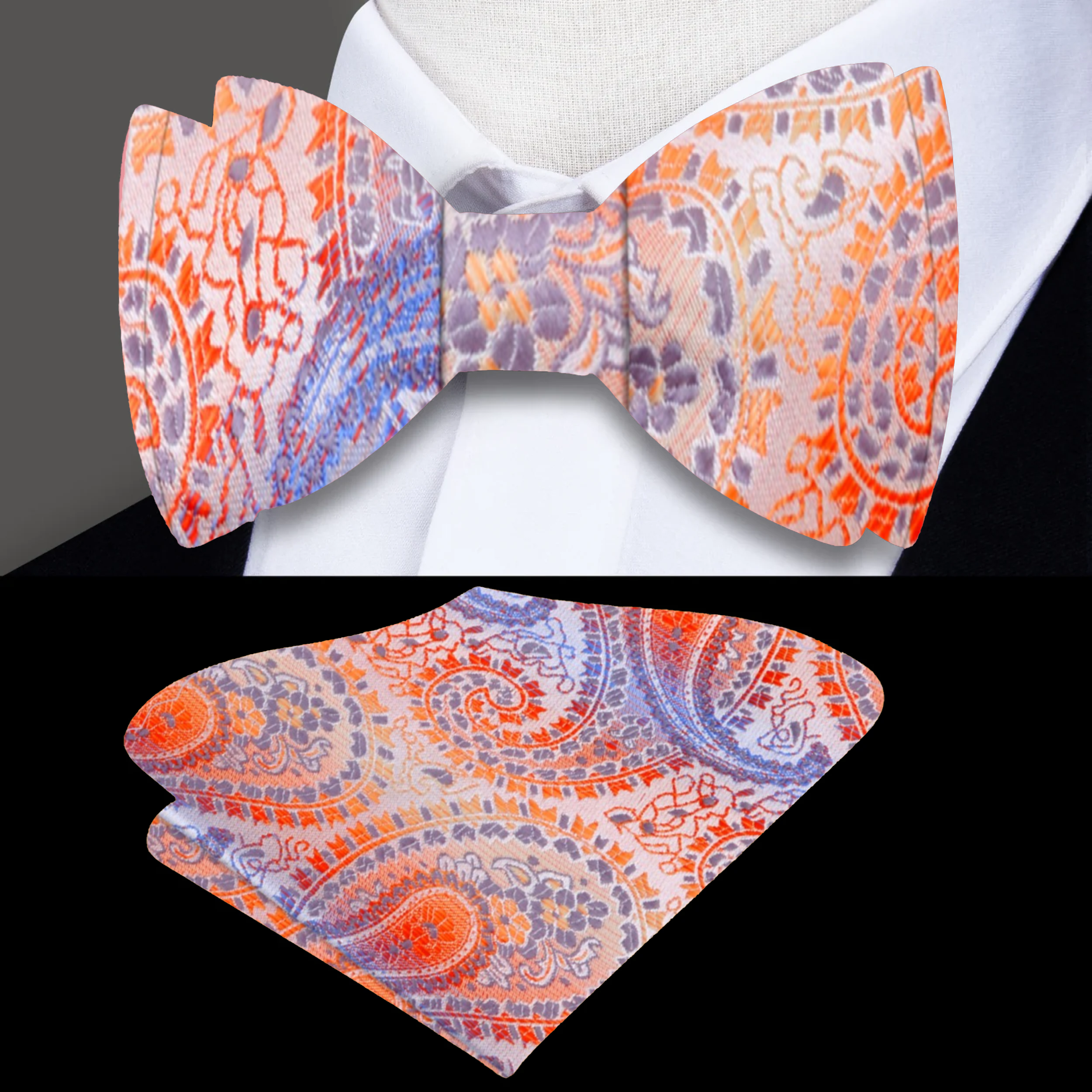 Front view of a stylish paisley bow tie in blue and yellow for men