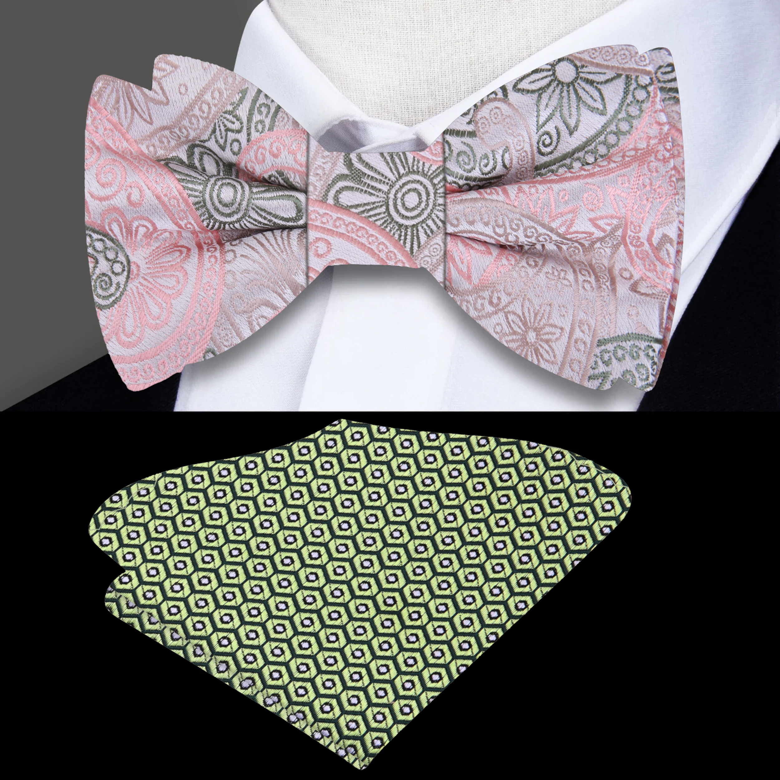 Front view of a pink paisley bow tie for men on a white shirt, suitable for weddings