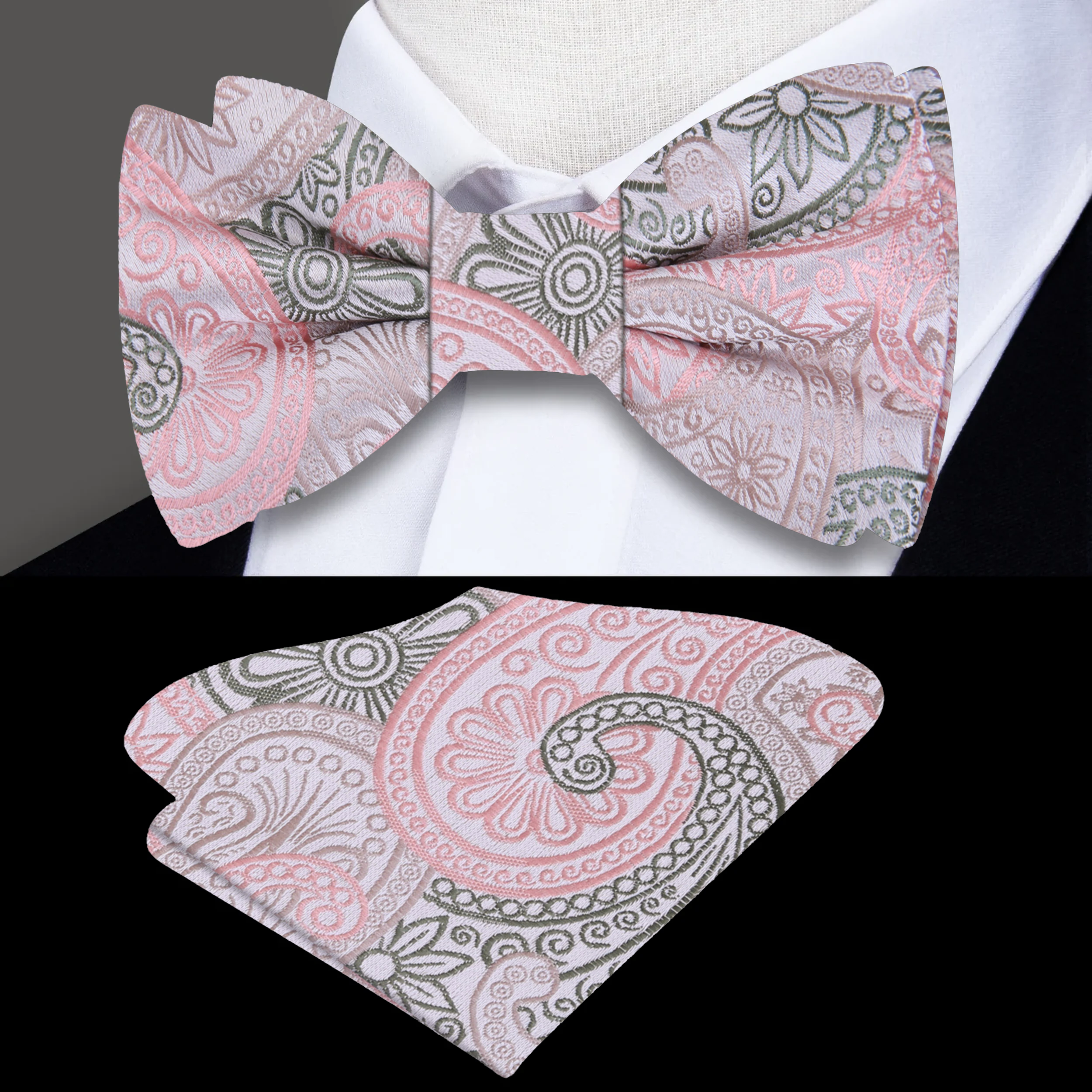 Styled pink paisley mens bow tie paired with a classic dress shirt for formal events