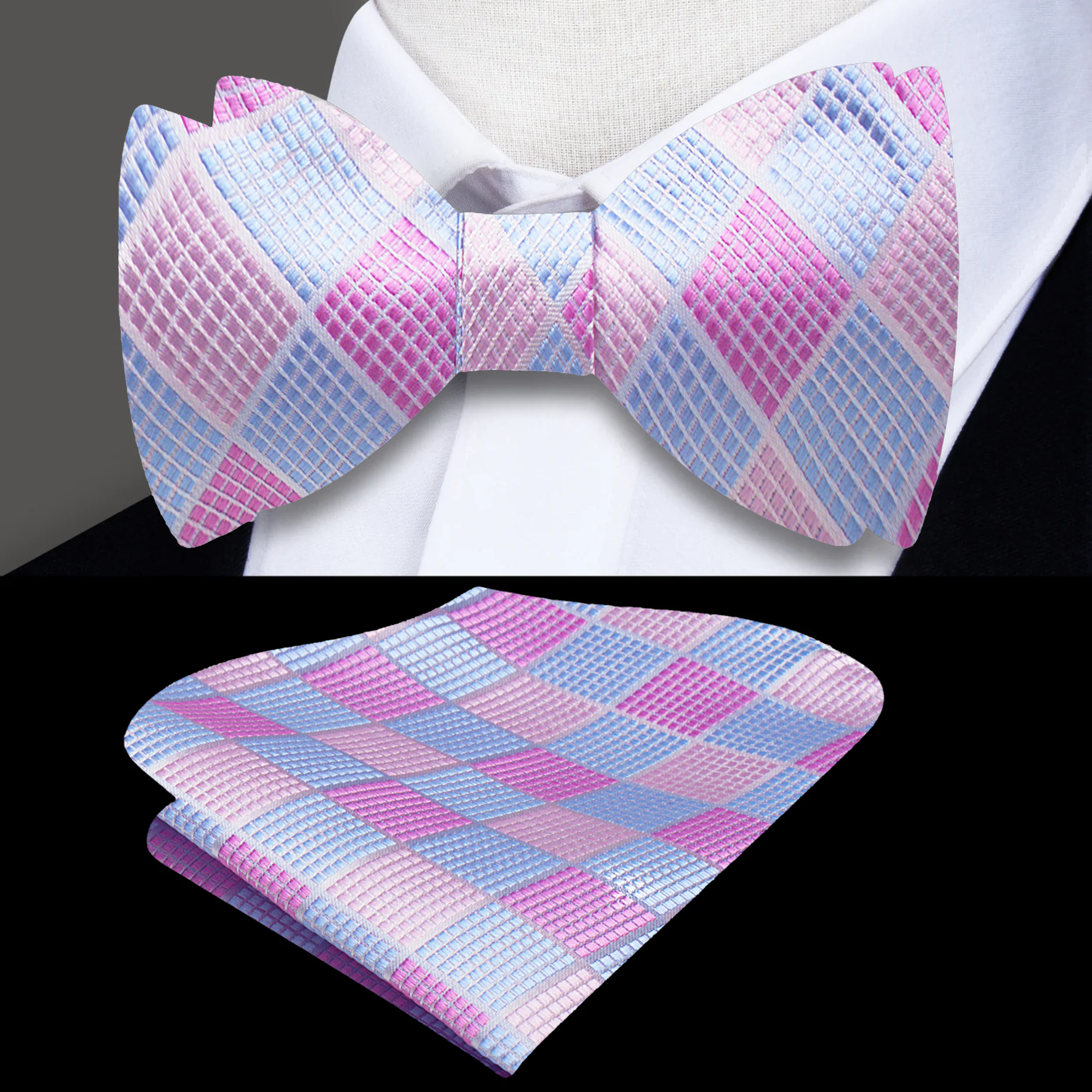 Front view of a geometric silk bow tie in pastel colors, suitable for weddings