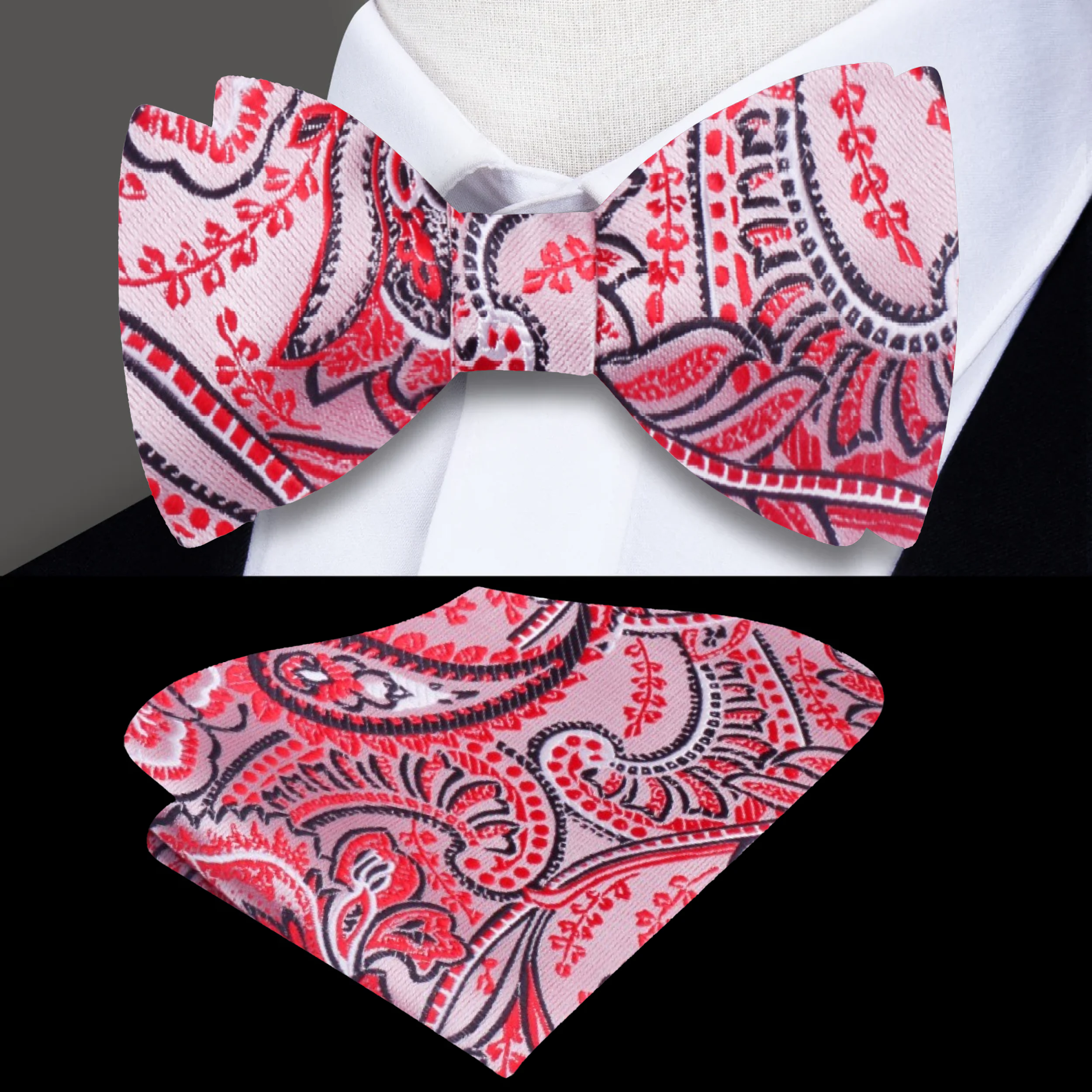 Close-up of the paisley pattern on the silk bow tie showcasing its vibrant colors.