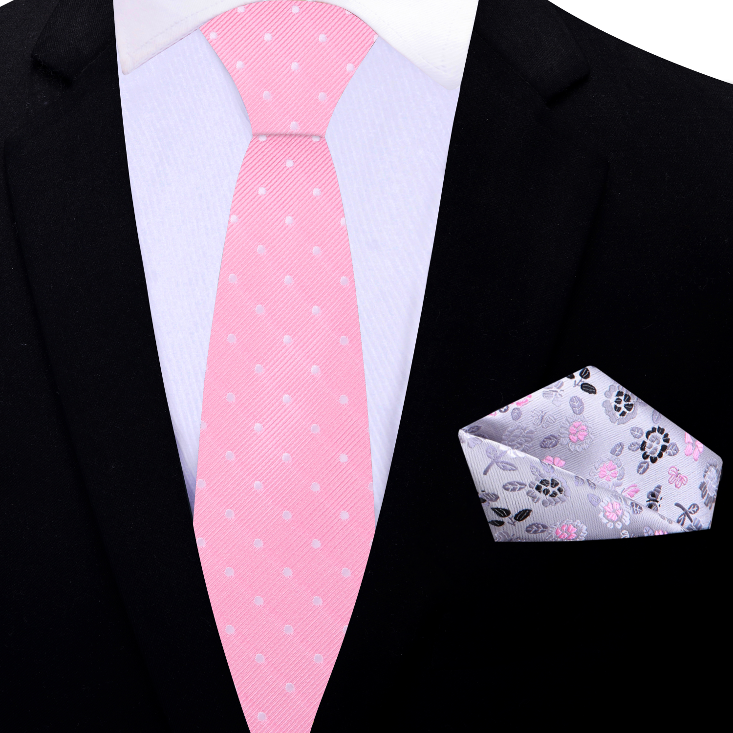 Silk necktie and matching pocket square set displayed on wooden surface
