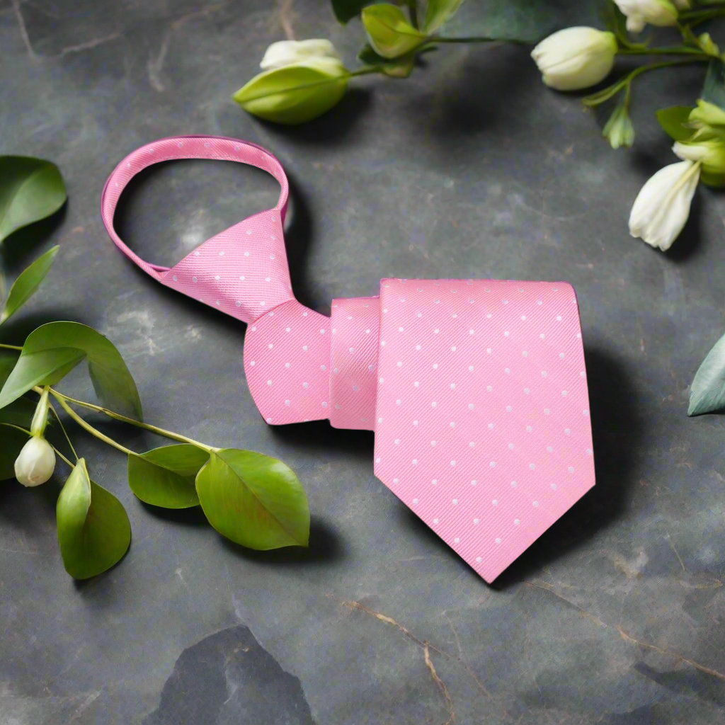 Man wearing the pink zipper tie with micro pattern paired with a white shirt