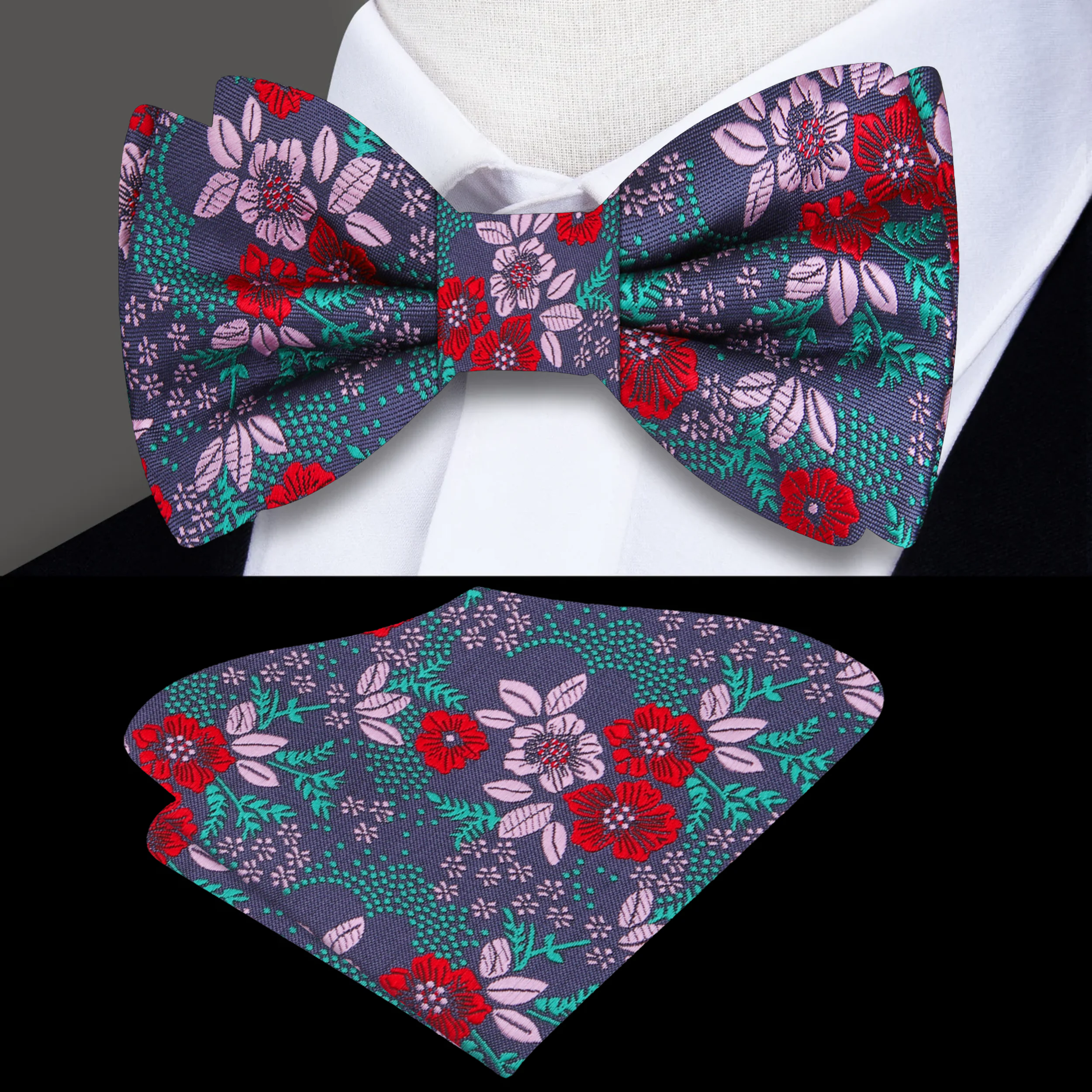 Elegant floral bow tie paired with a light grey suit, showcasing a fresh and versatile look.