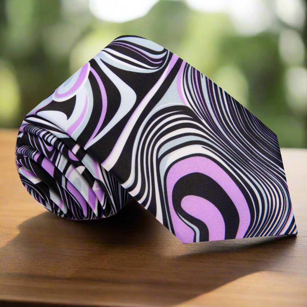 Close-up of artistic silk necktie with pastel purple, white, and black swirling pattern for formal wear