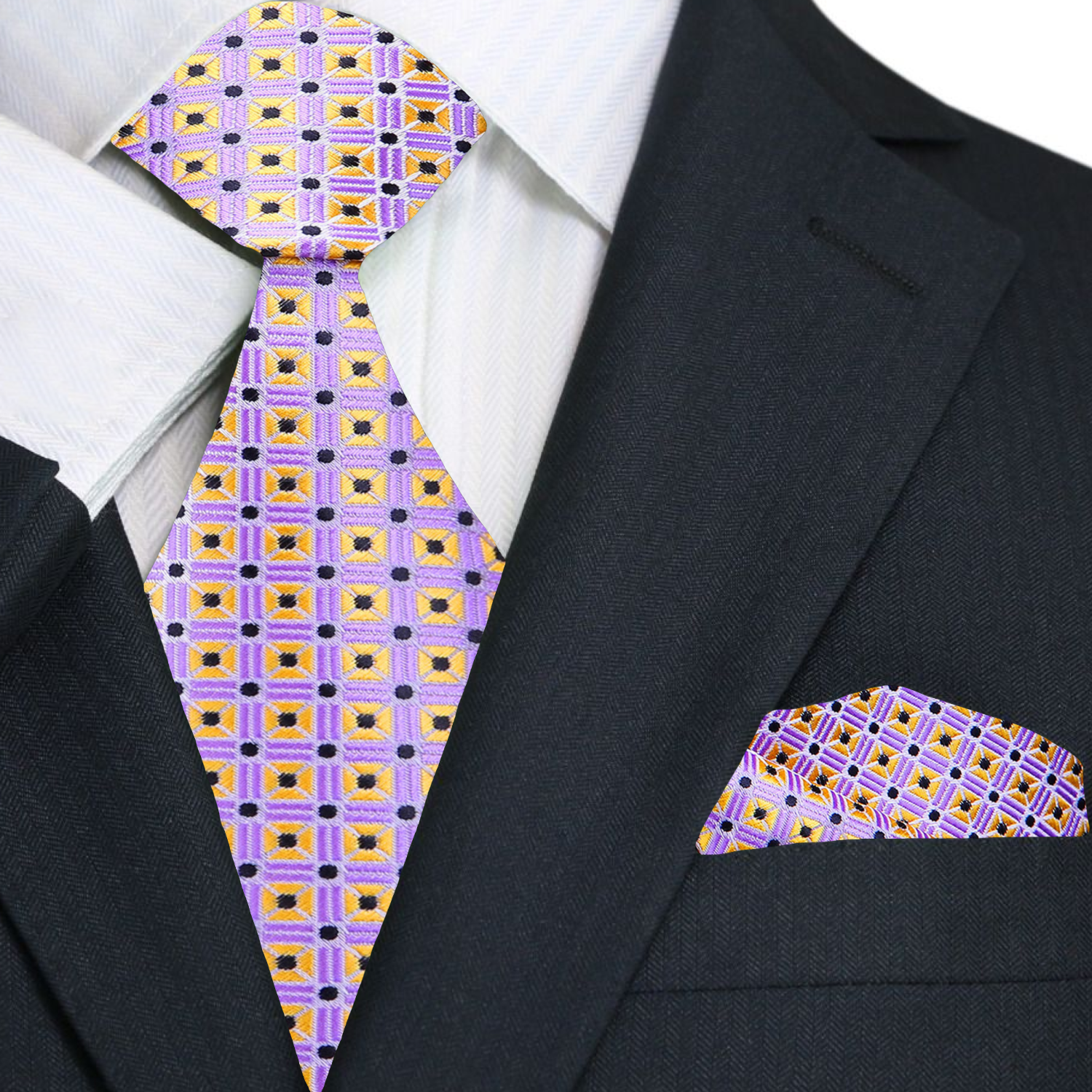 Silk necktie styled with a navy suit for a professional business look