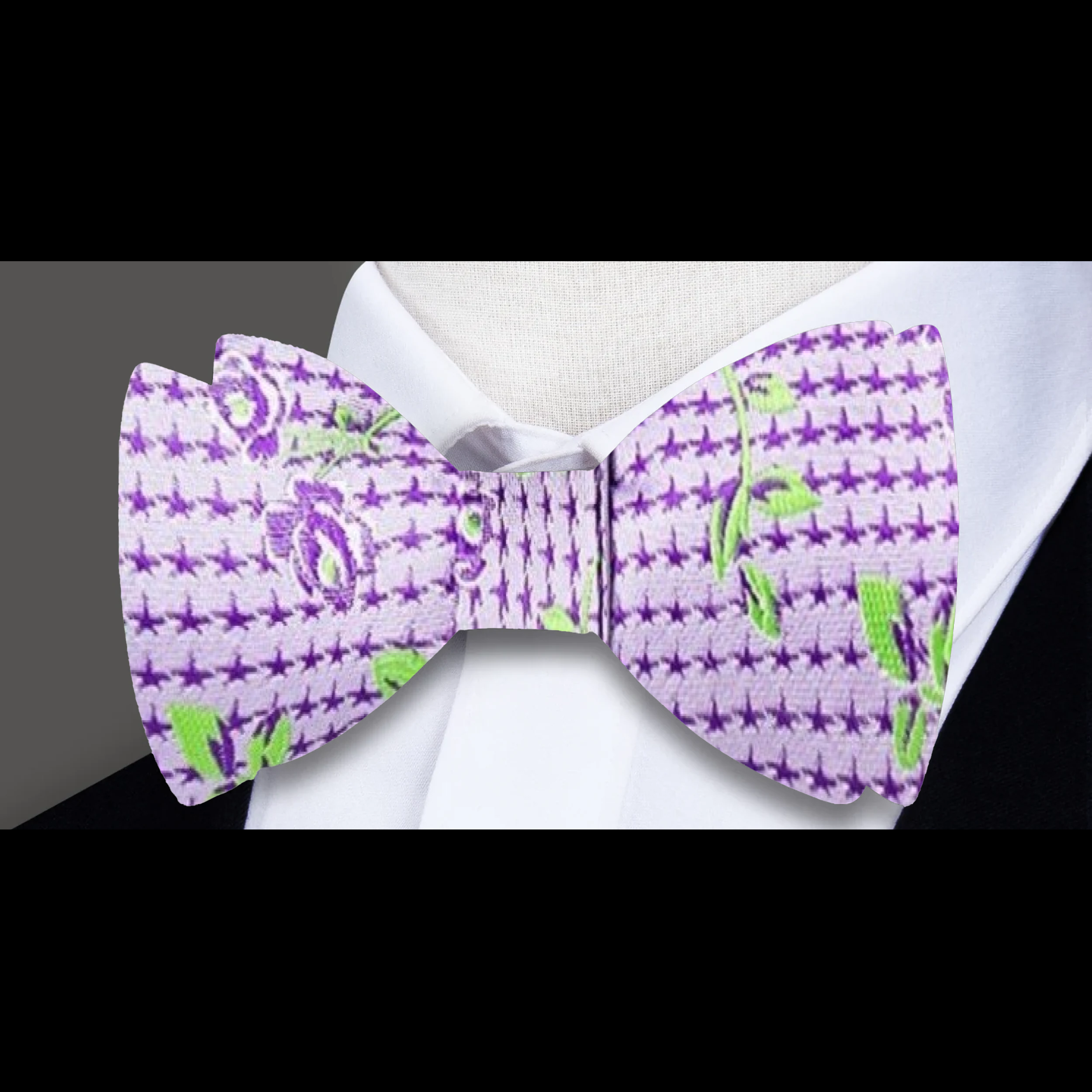 Styled floral bow tie paired with a white dress shirt for wedding attire