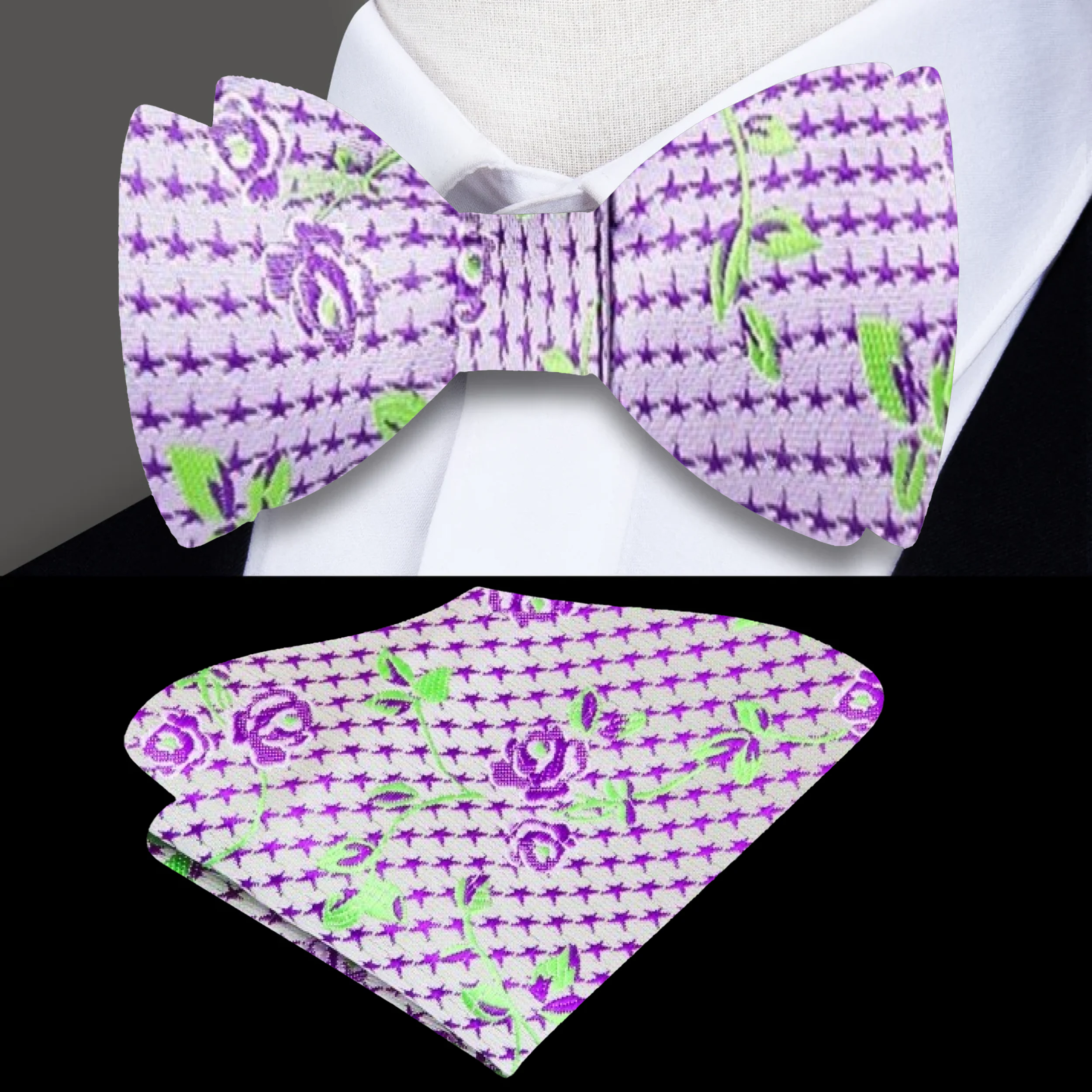 Close-up of detailed floral pattern on the self-tie bow tie for garden party look