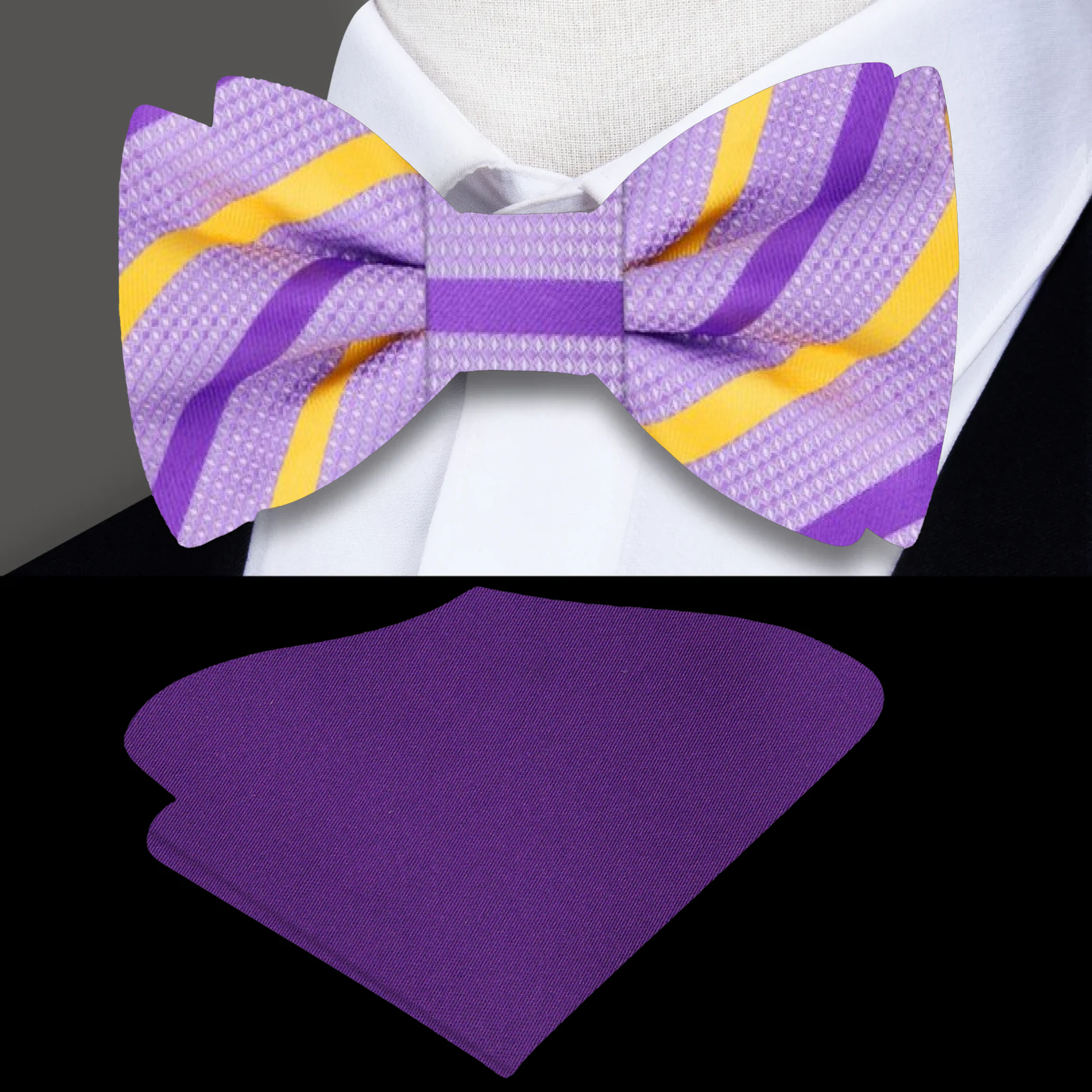 Close-up of a light purple silk bow tie with bold stripe pattern, perfect for upscale gatherings