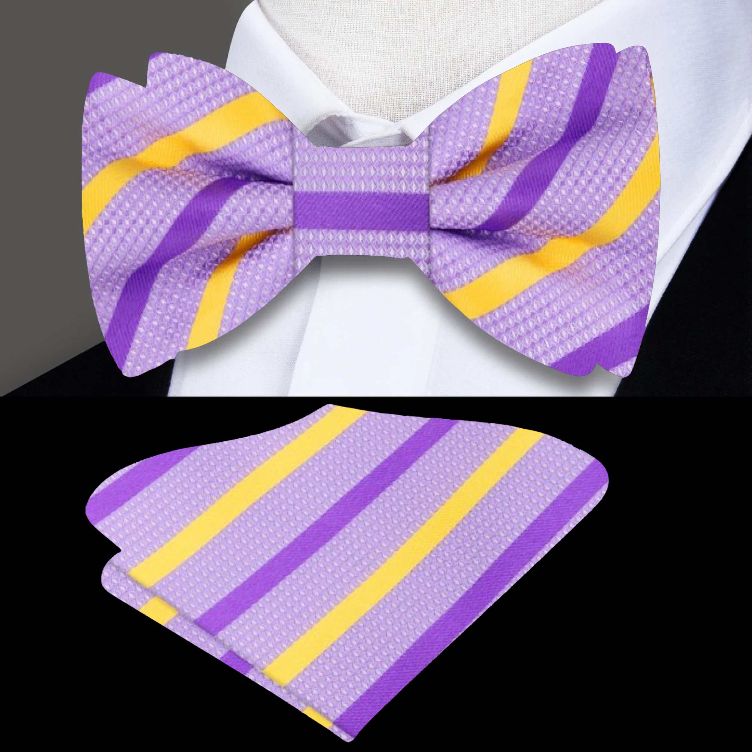 Elegant silk bow tie with purple and yellow stripes, ideal for weddings and formal events
