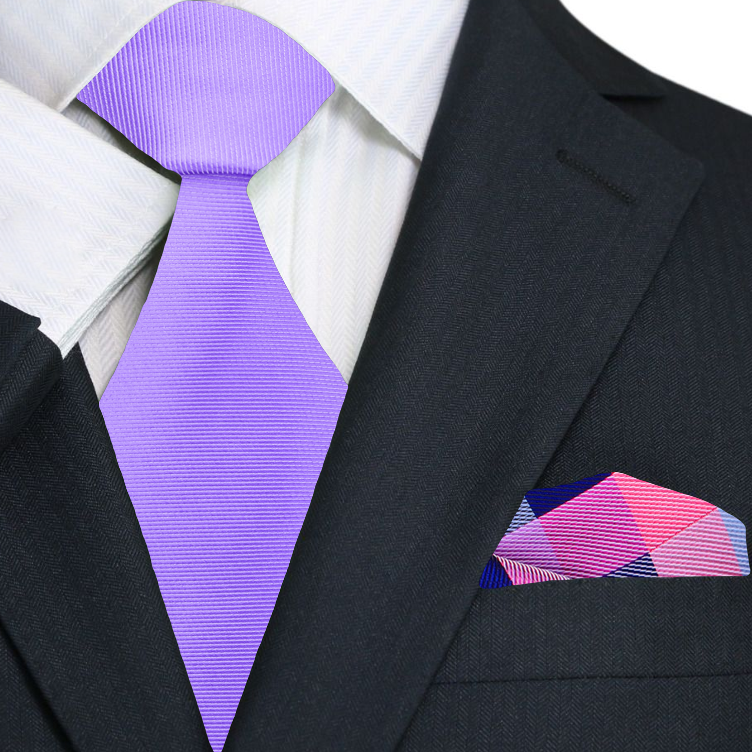 Close-up of a light purple necktie paired with a crisp white dress shirt, highlighting its elegant style.