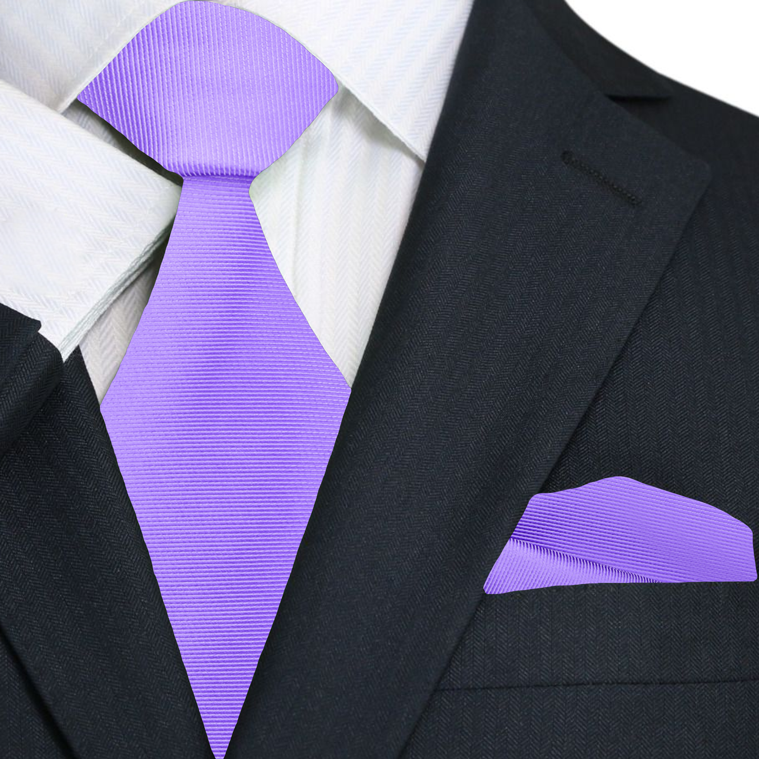Close-up of a light purple necktie paired with a crisp white dress shirt, highlighting its elegant style.