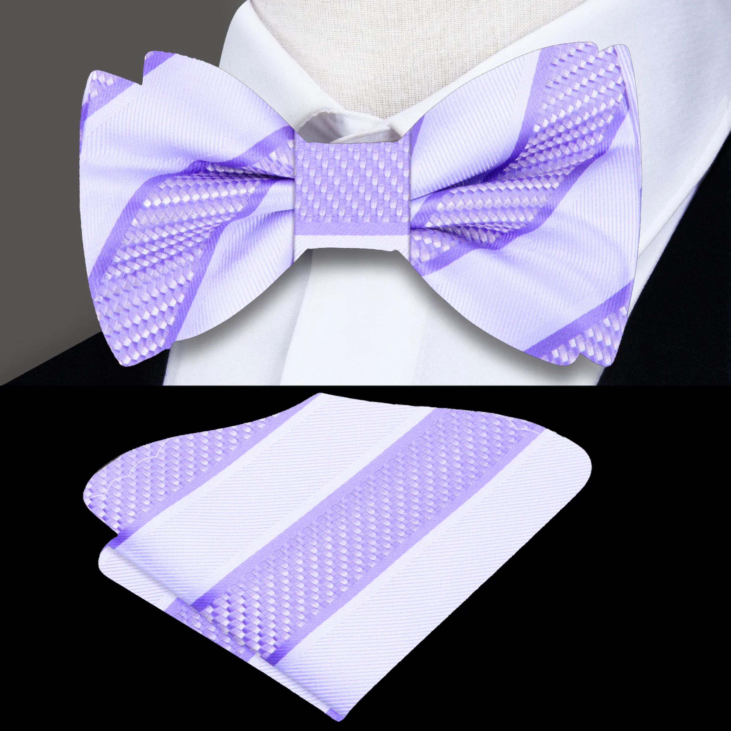 Front view of a stylish silk striped bow tie on a white background, highlighting its vibrant colors