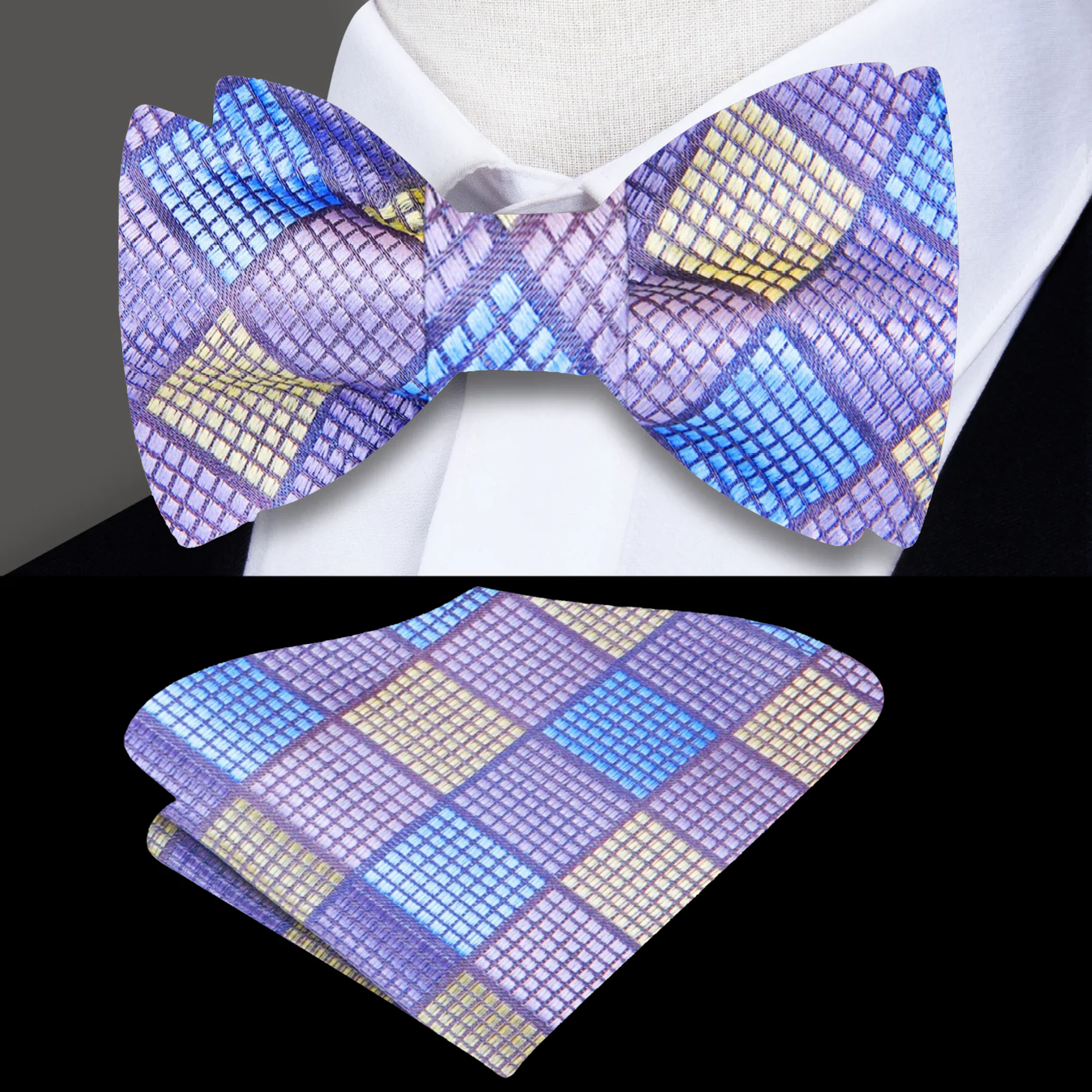Model wearing a stylish geometric silk bow tie with a navy suit for a business meeting