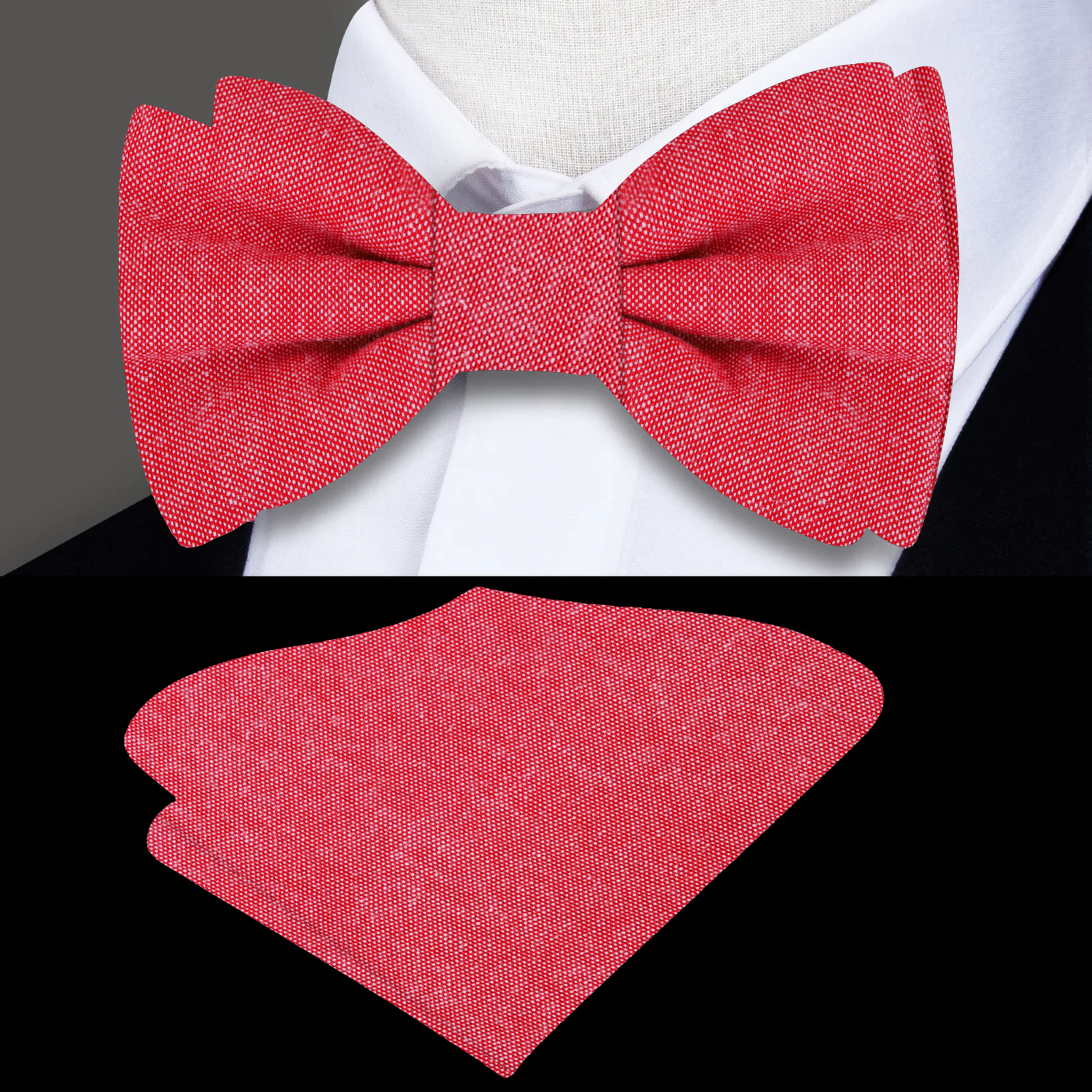 Close-up of a light blue linen bow tie with matching pocket square, perfect for weddings