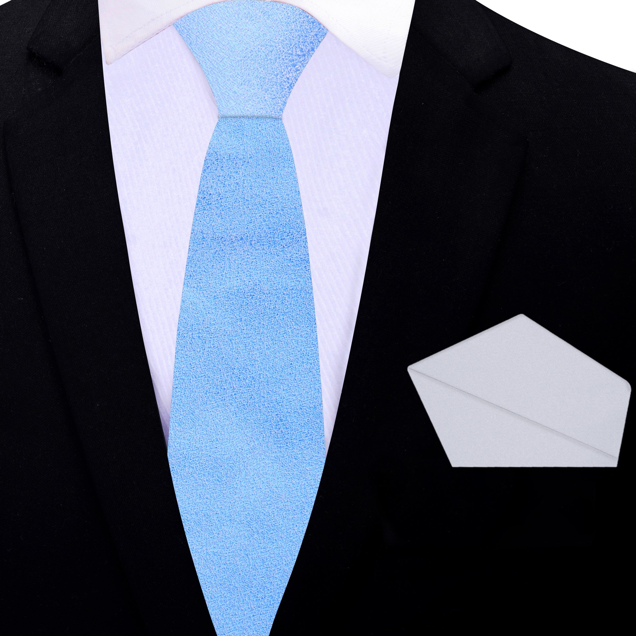 Close-up of the shimmering fabric detail on a light blue silk necktie