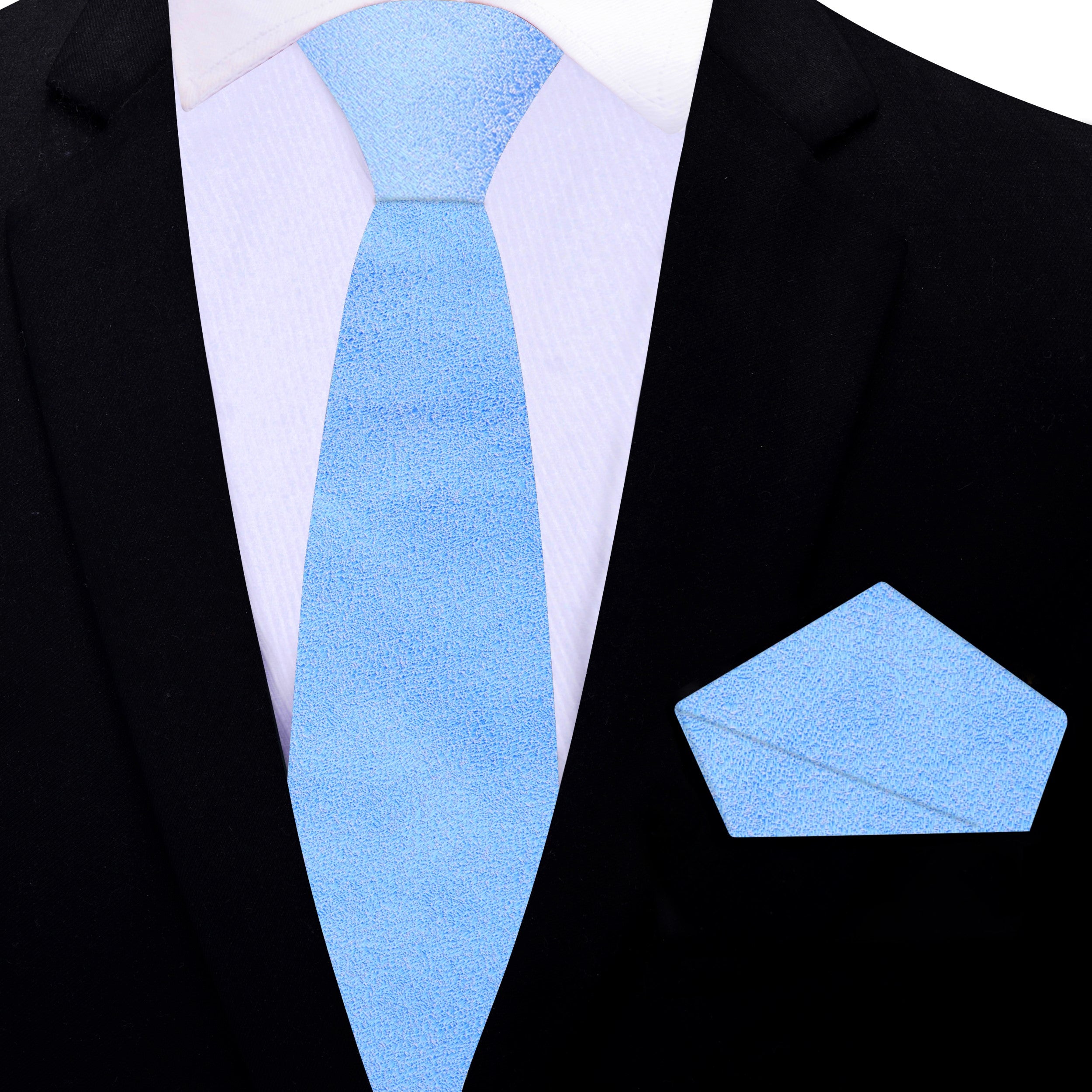 Close-up of the shimmering fabric detail on a light blue silk necktie