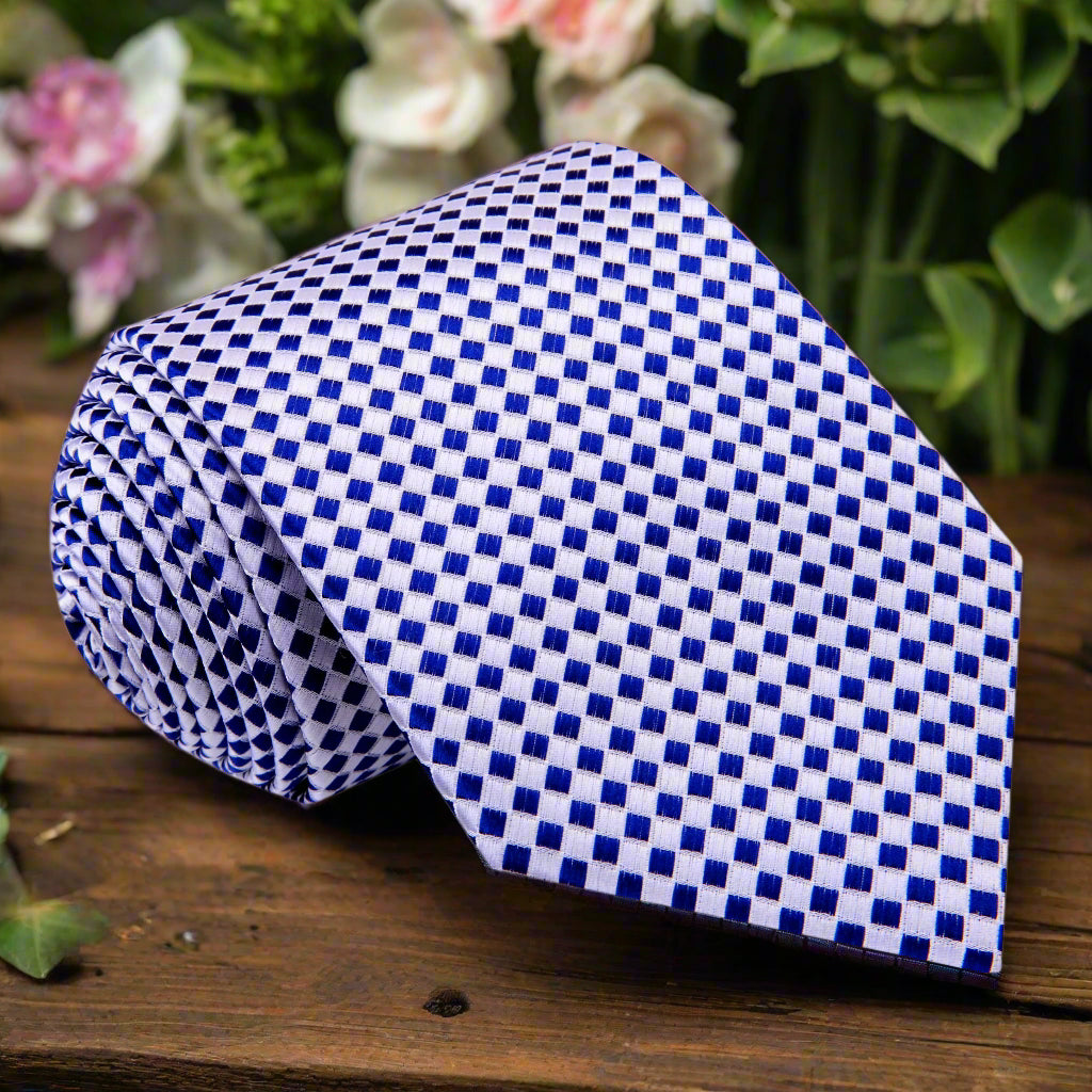 Dark blue silk necktie with geometric pattern for formal wear