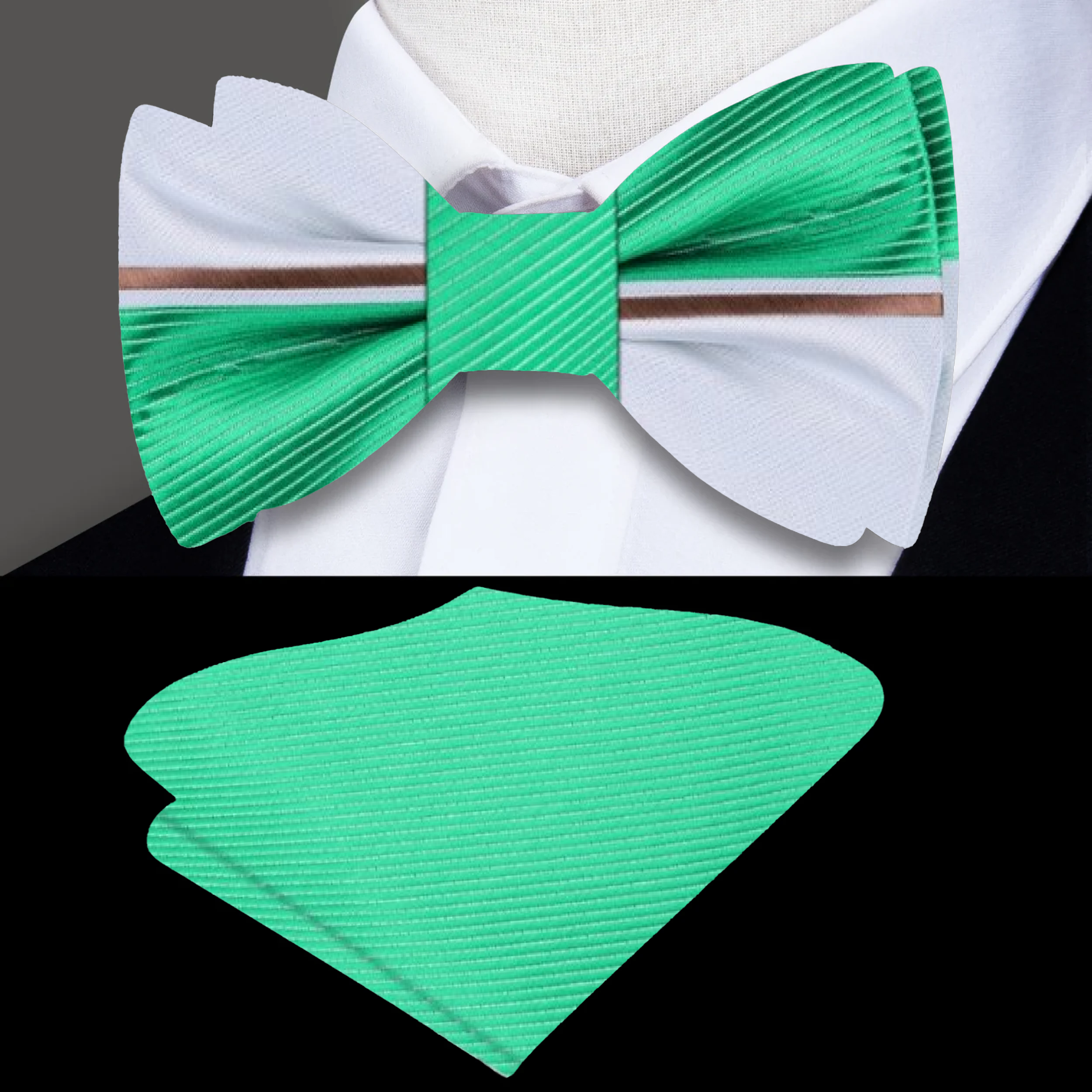 Close-up of the reversible bow tie showing black and green silk sides with geometric pattern