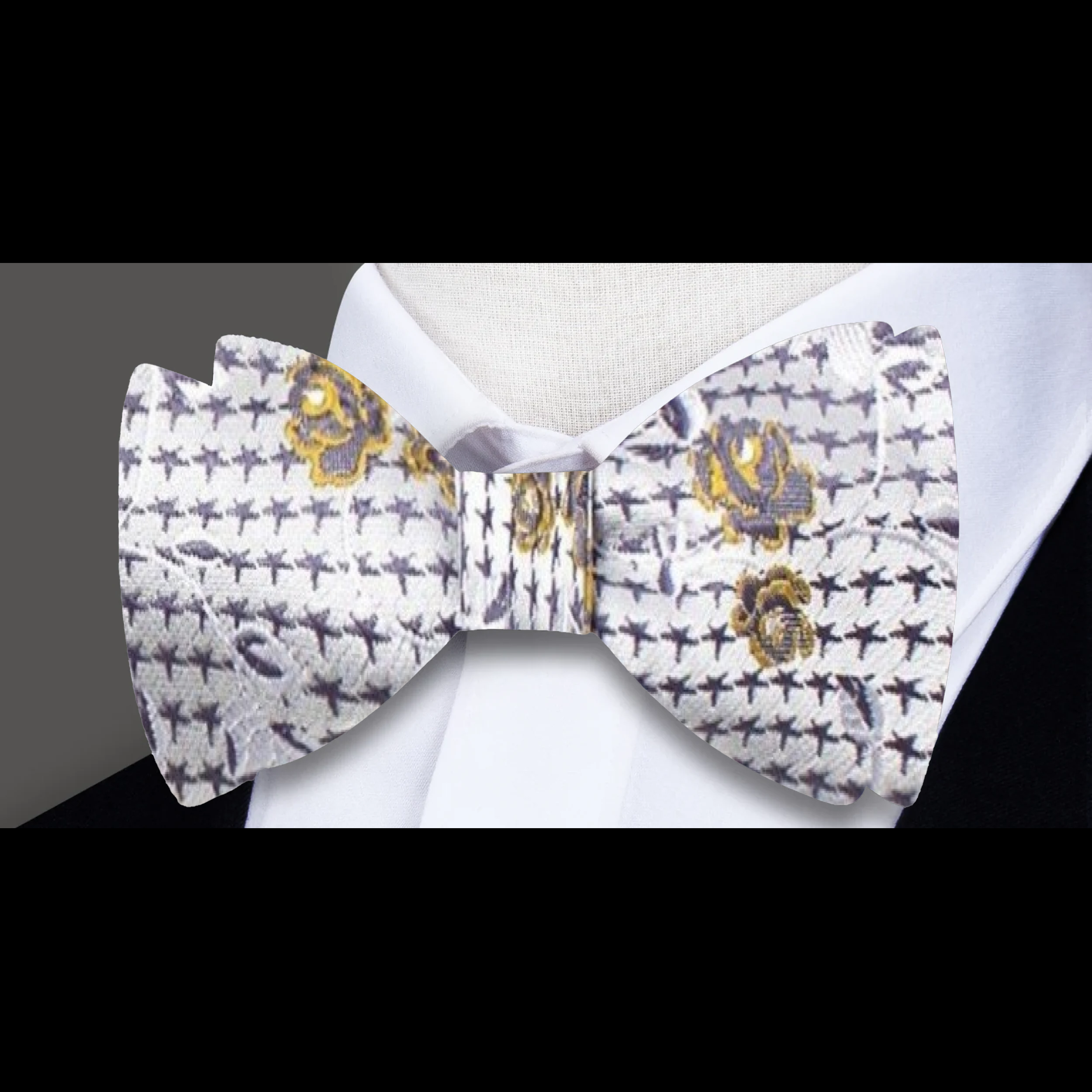 Styled floral bow tie paired with a white dress shirt for wedding attire