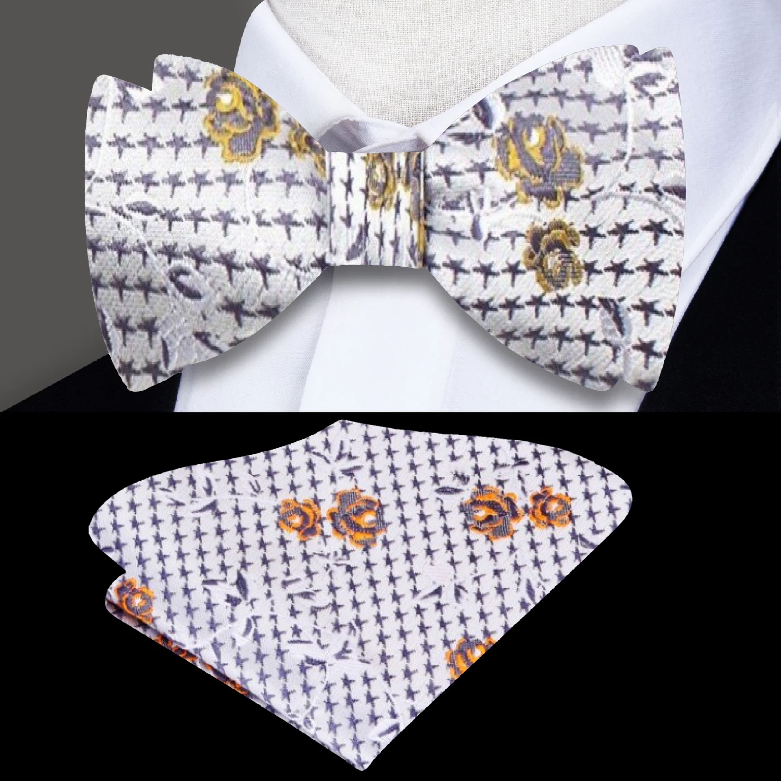 Close-up of detailed floral pattern on the self-tie bow tie for garden party look