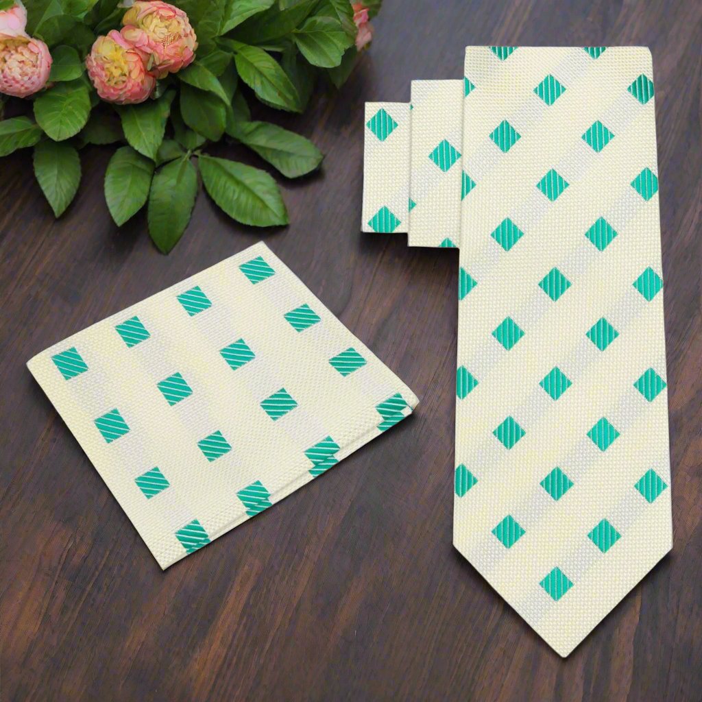 Vibrant geometric diamond patterned necktie in cyan blue and salmon for weddings and formal events