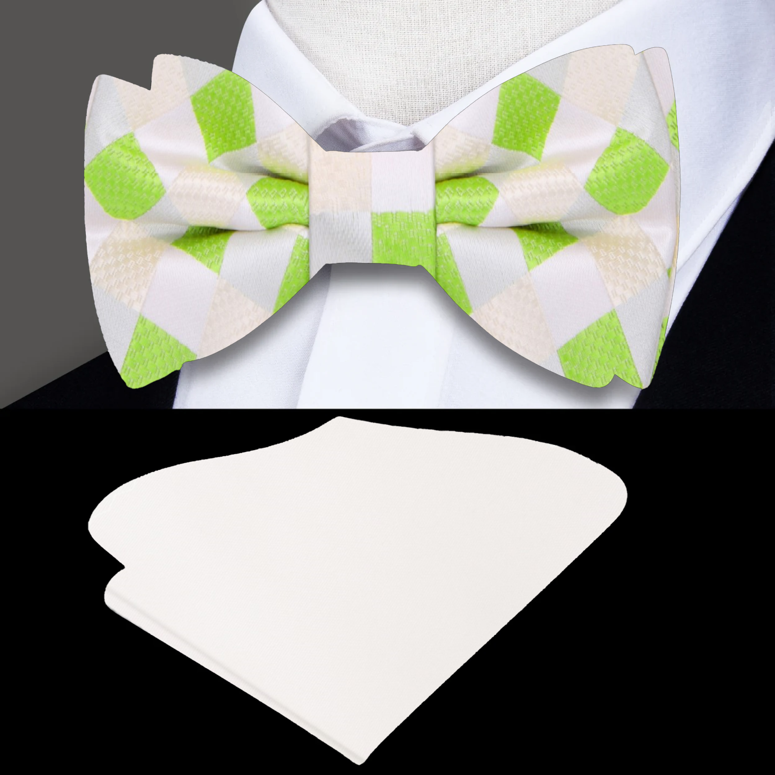 Front view of vibrant lime green and pale yellow geometric bow tie for men