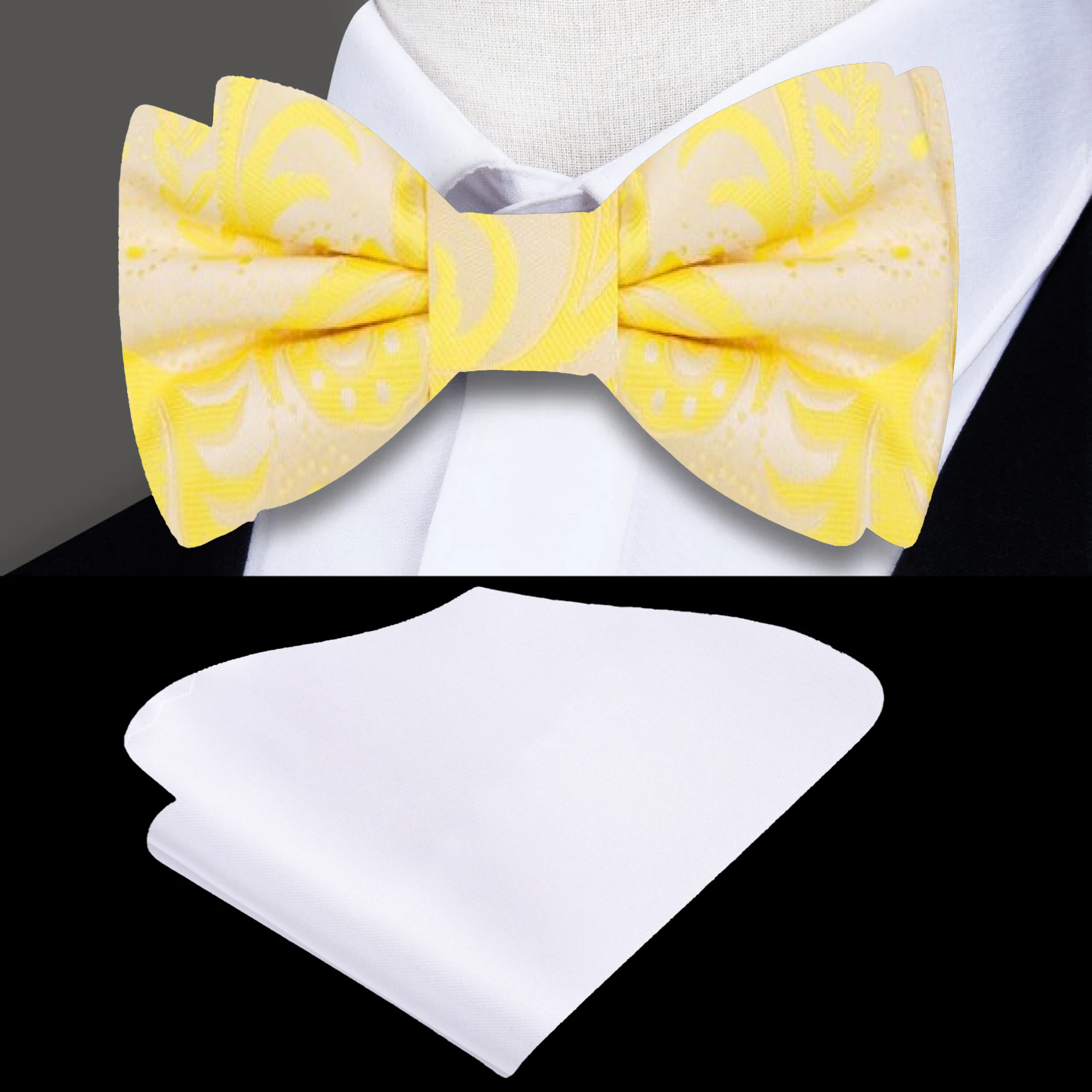 Charming paisley silk bow tie in yellow, perfect for spring weddings.