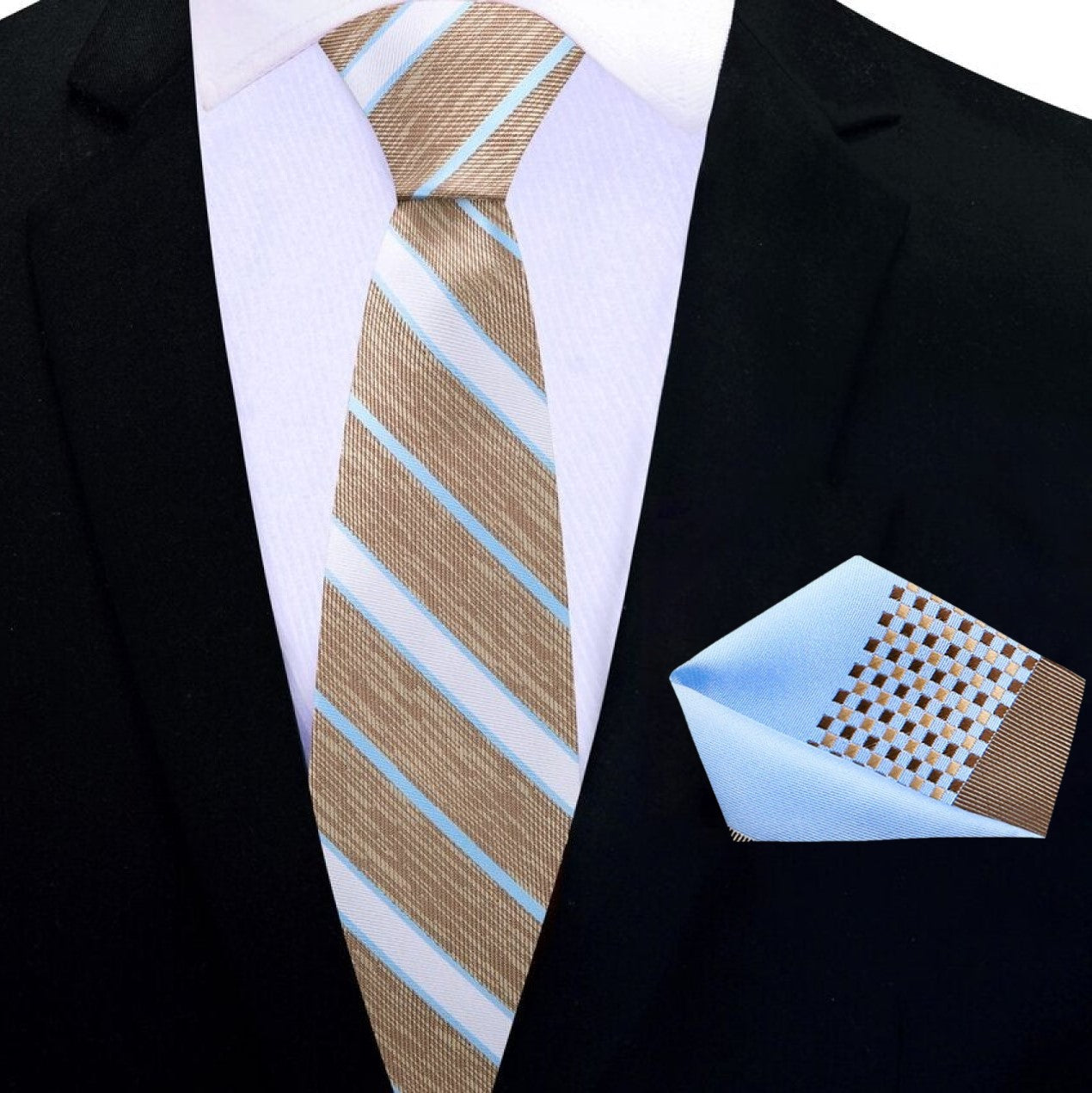 Close-up of the striped necktie paired with a matching pocket square, ideal for a sophisticated look at a wedding.