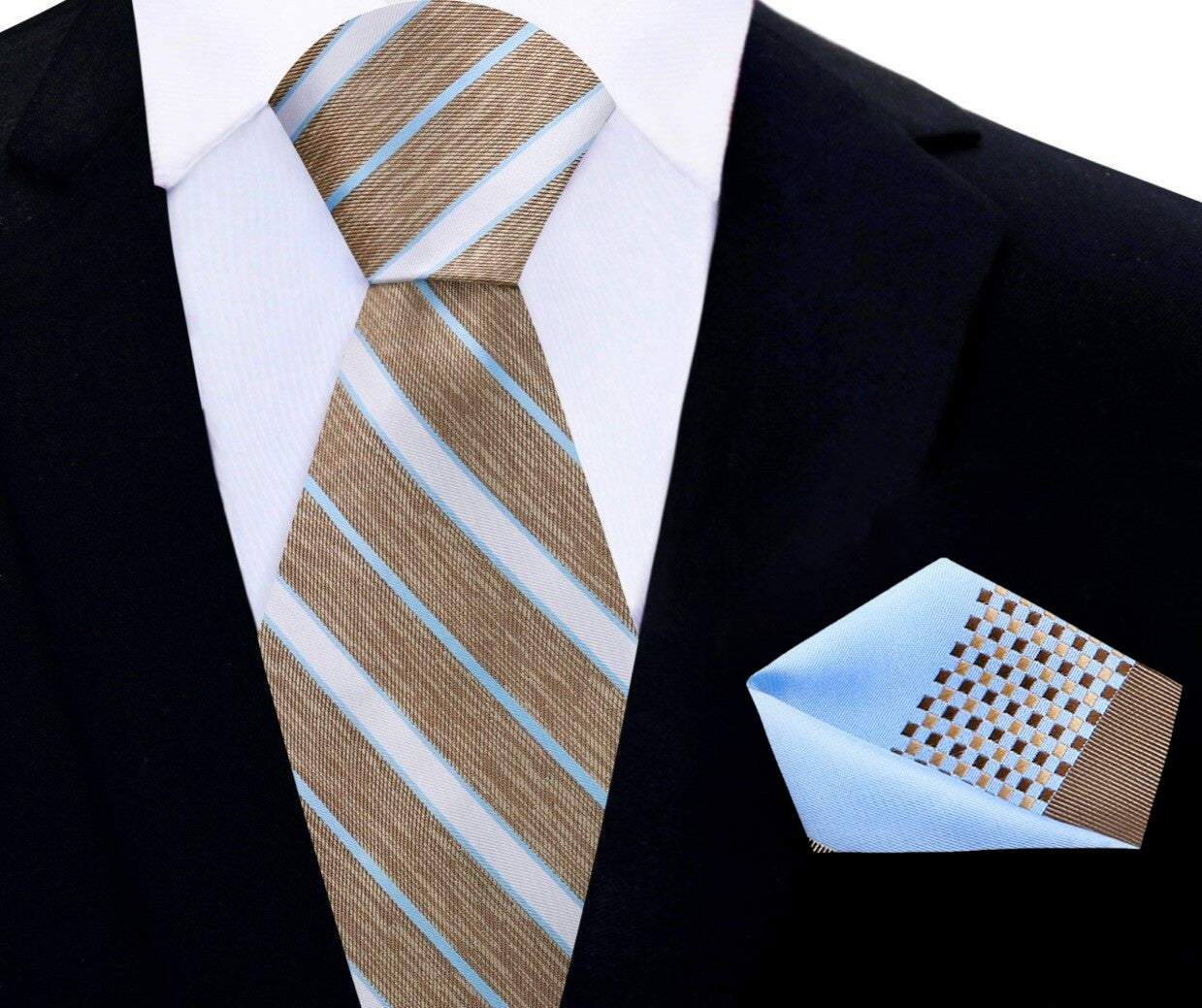 Luxury mens striped tie styled with a navy suit, highlighting the perfect combination of elegance and style.