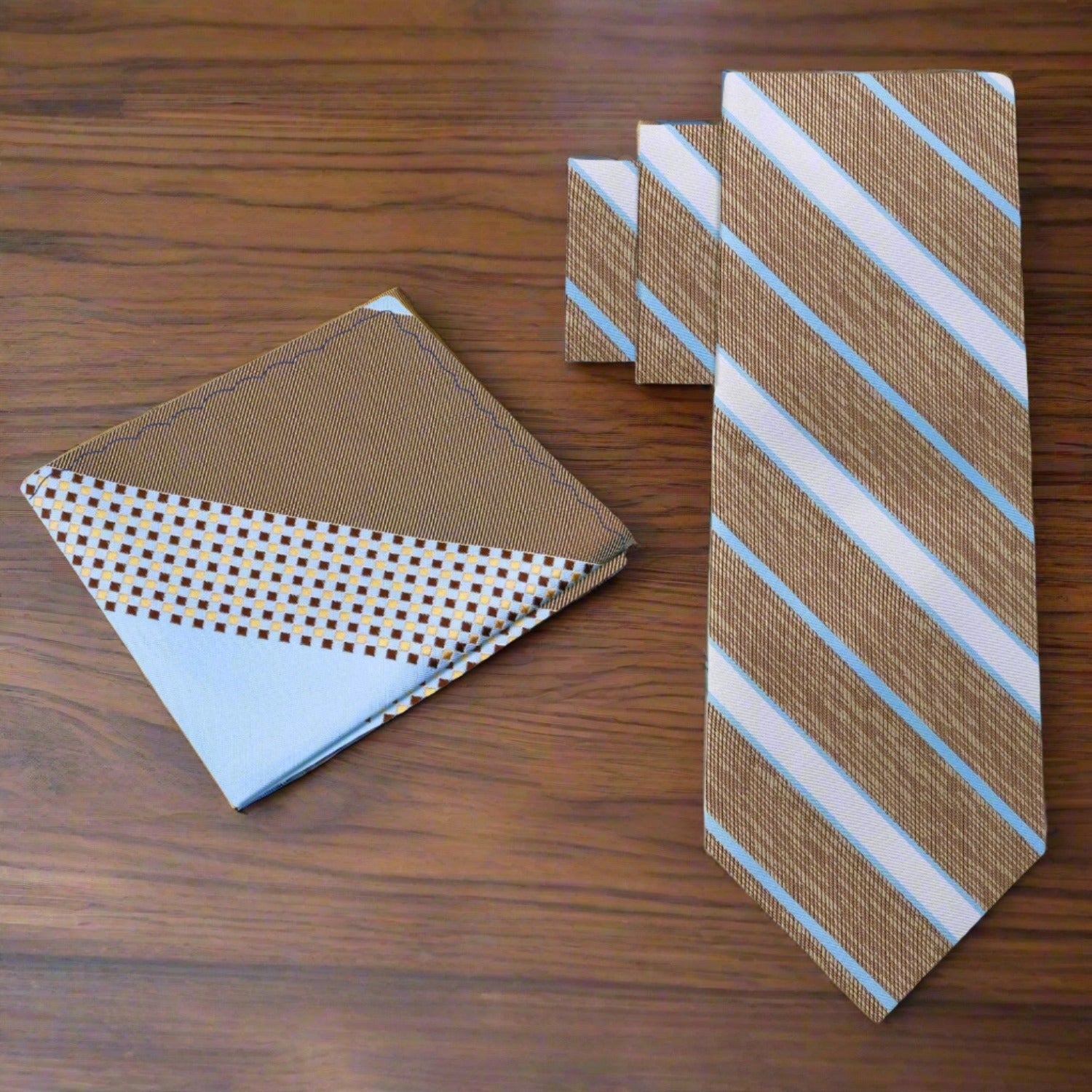 Luxury mens striped tie styled with a navy suit, highlighting the perfect combination of elegance and style.