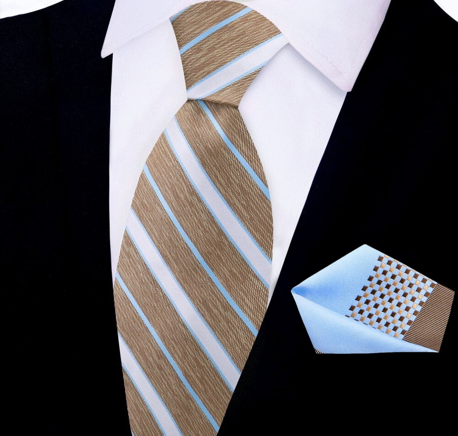 Elegant striped silk necktie displayed on a white dress shirt, showcasing its rich colors and fine details.