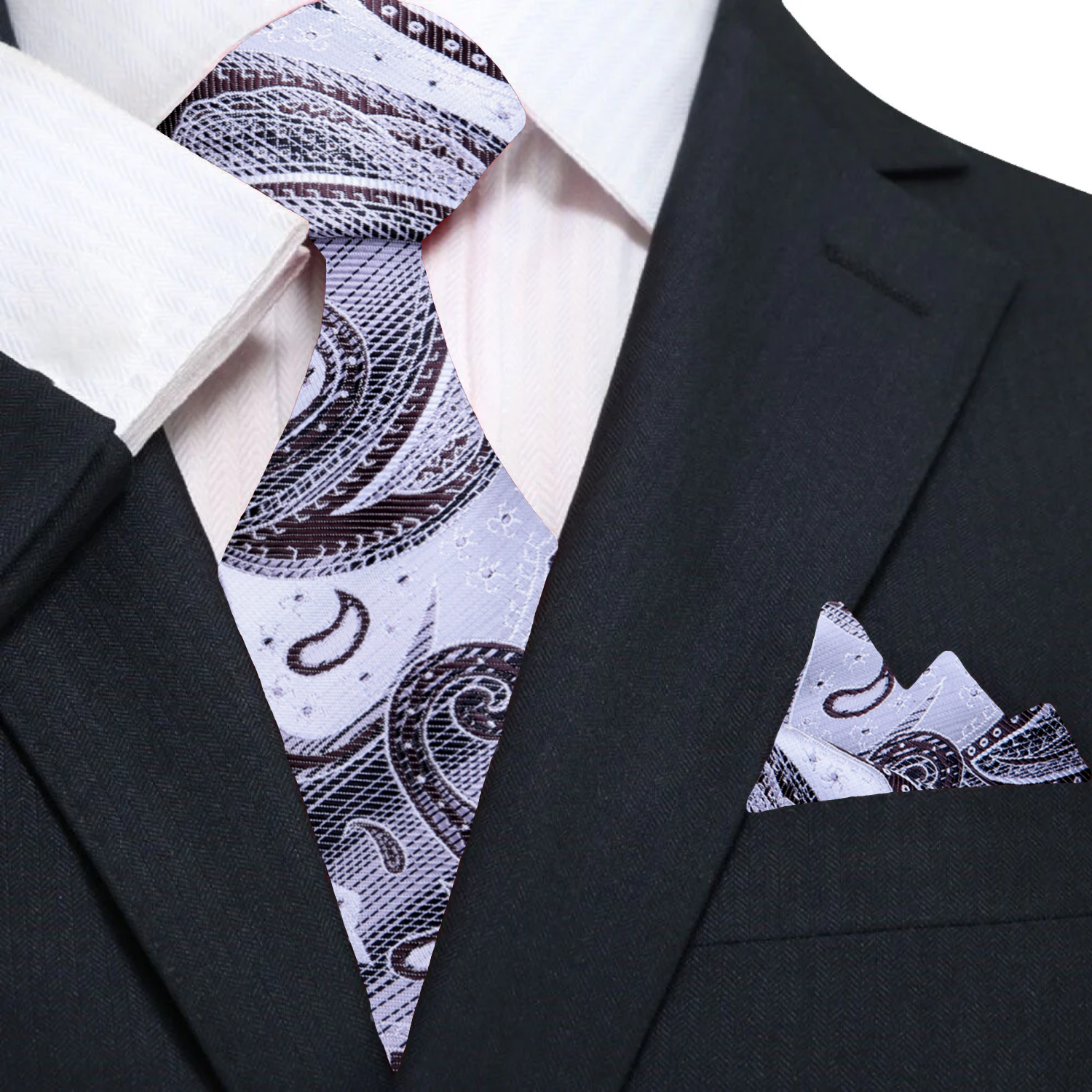 Close-up of the intricate paisley design on a light grey and brown silk tie, showcasing its craftsmanship.