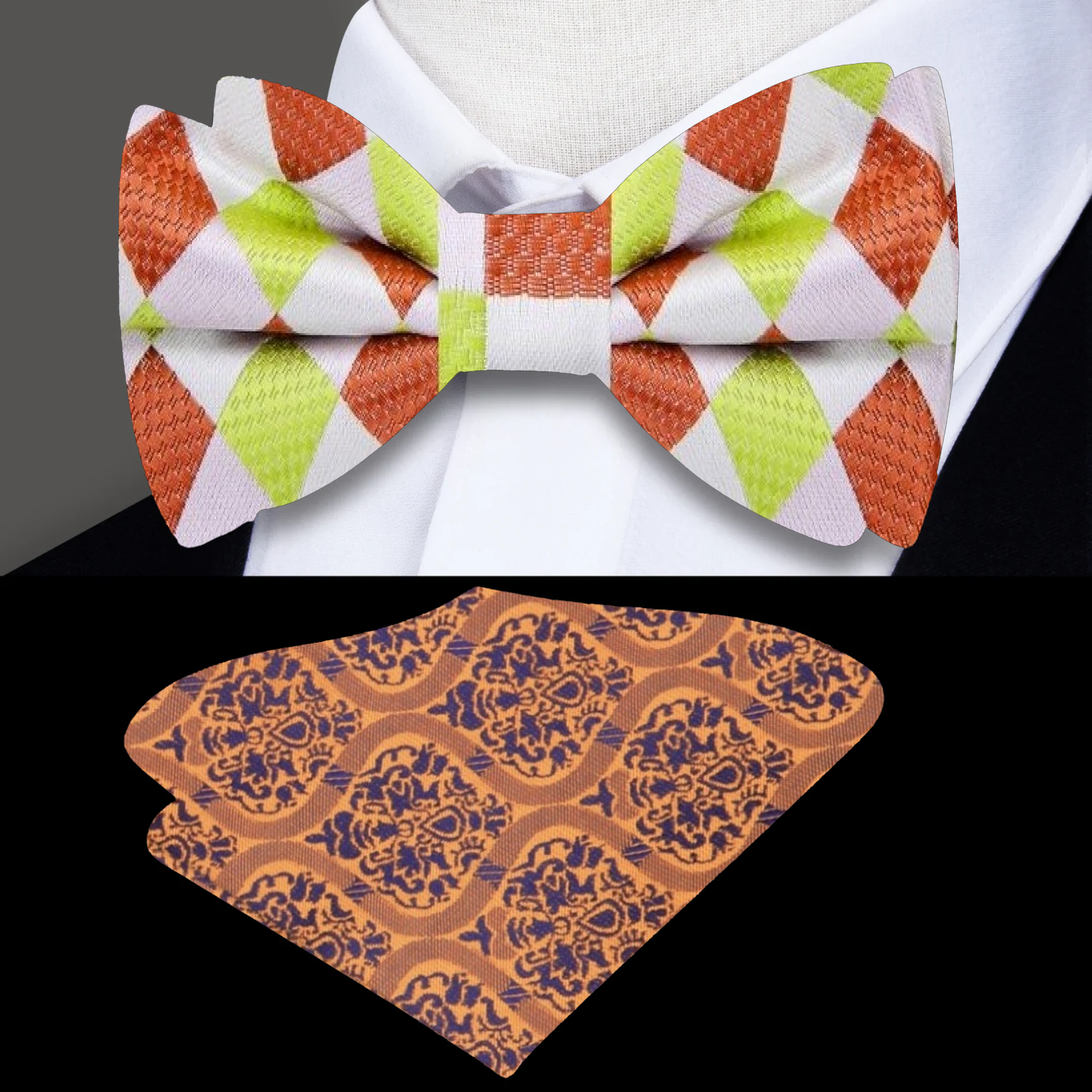 Close-up of vibrant check bow tie in orange, green, and white for formal wear
