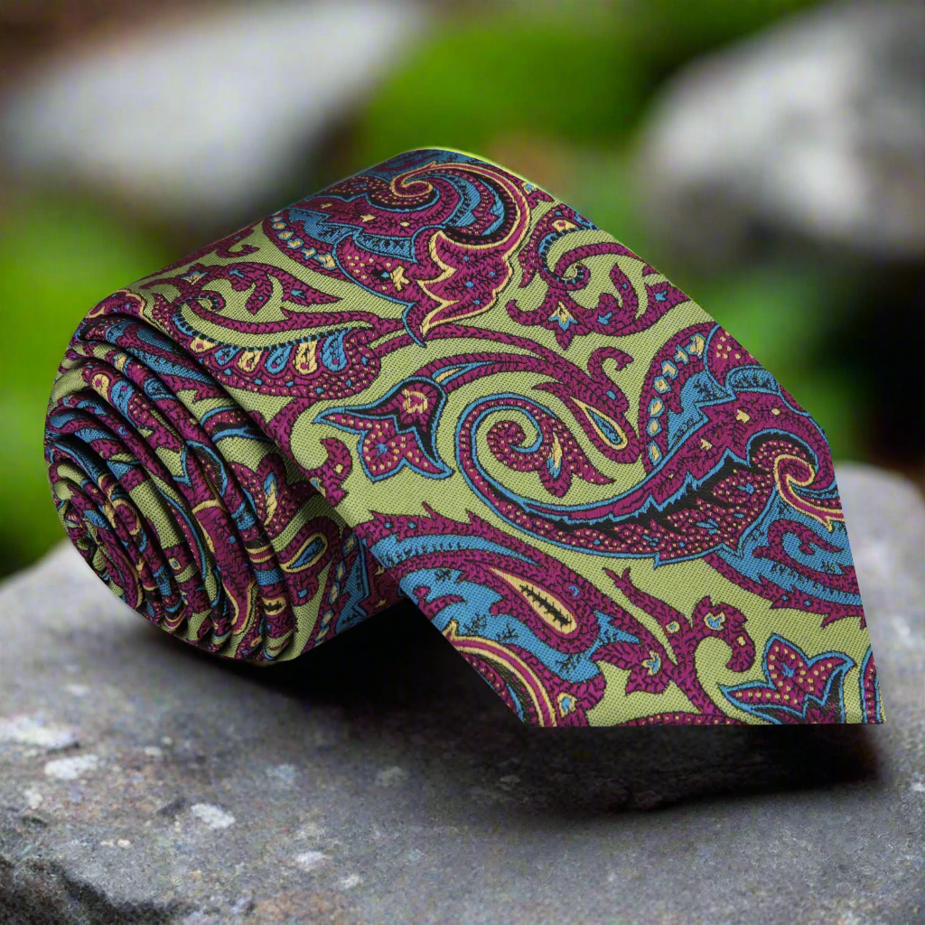 Close-up of vibrant paisley silk necktie in bright colors