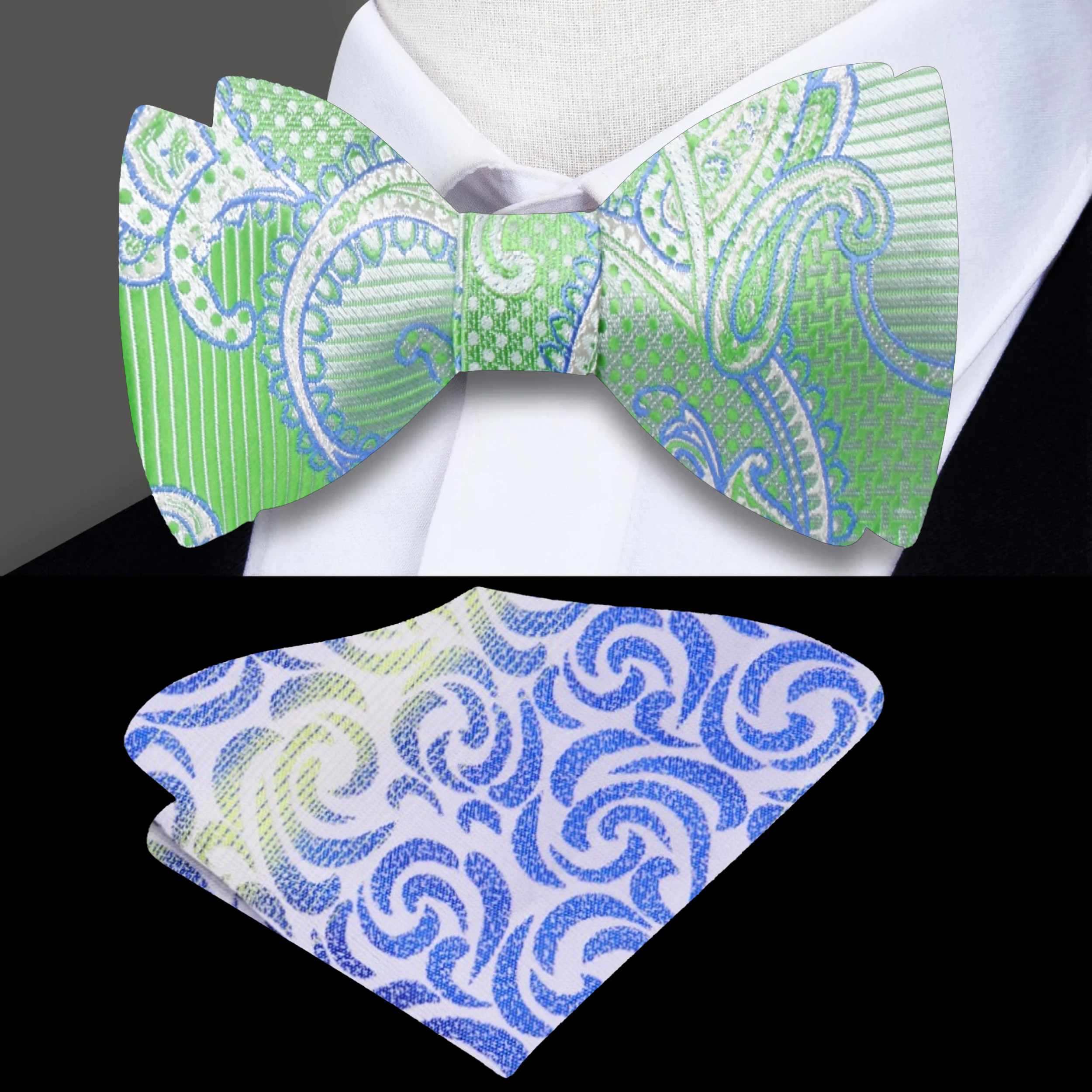 Vibrant green paisley silk self-tie bow tie set displayed elegantly on a white background.