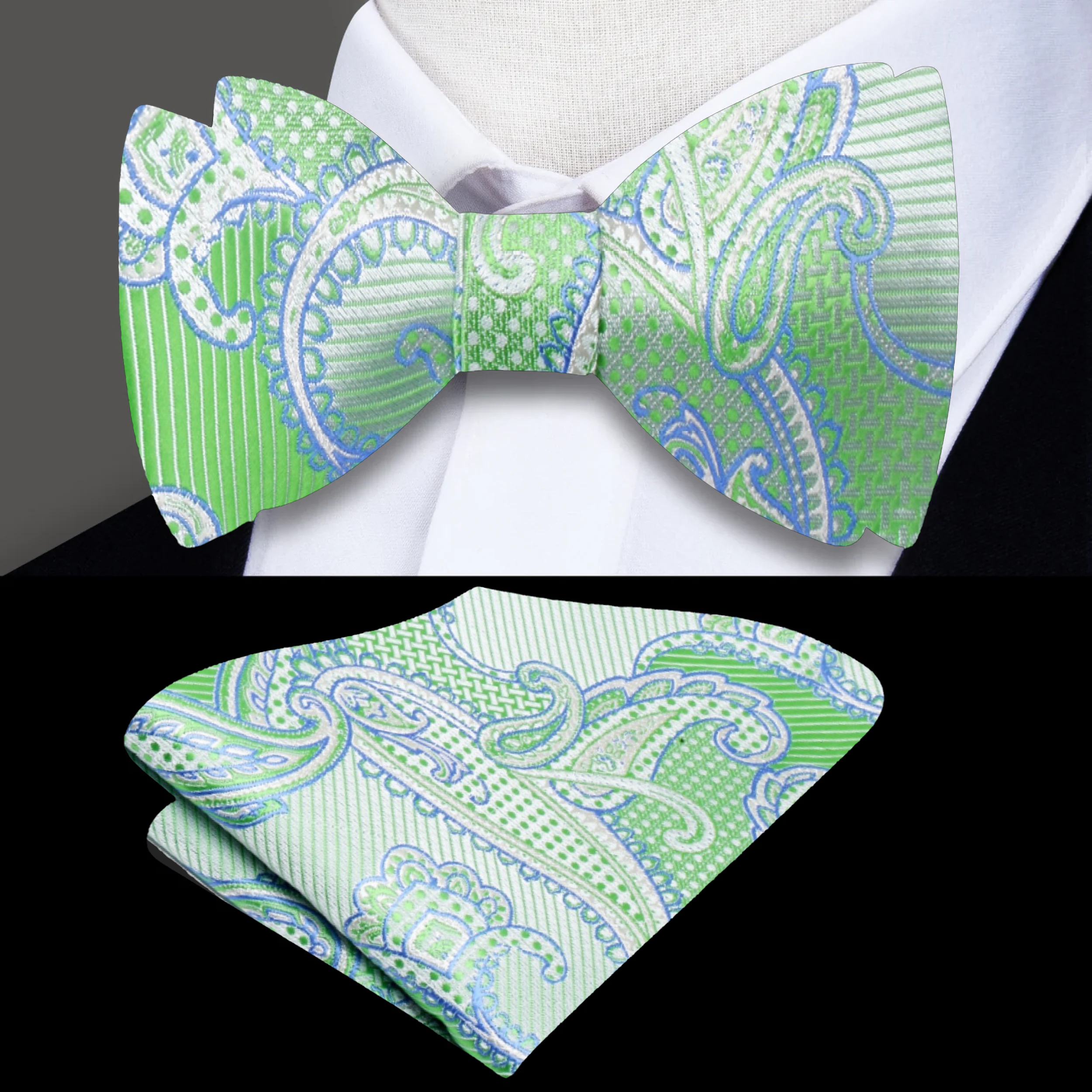 Close-up shot of the intricate paisley pattern on the green silk bow tie and pocket square.
