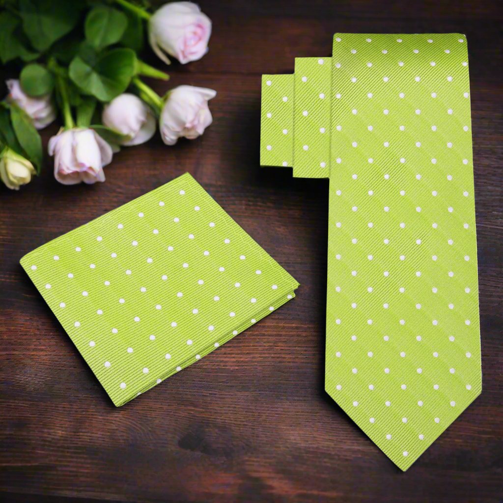 Man wearing a polka dot necktie with a matching pocket square, suited for weddings