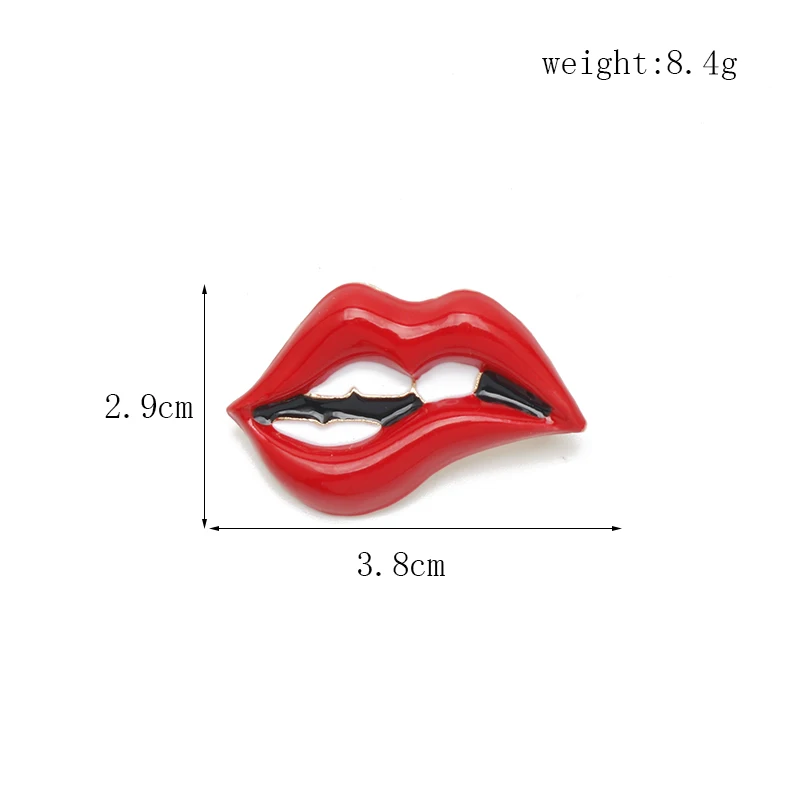 Front view of red lips lapel pin on a suit jacket for a bold fashion statement