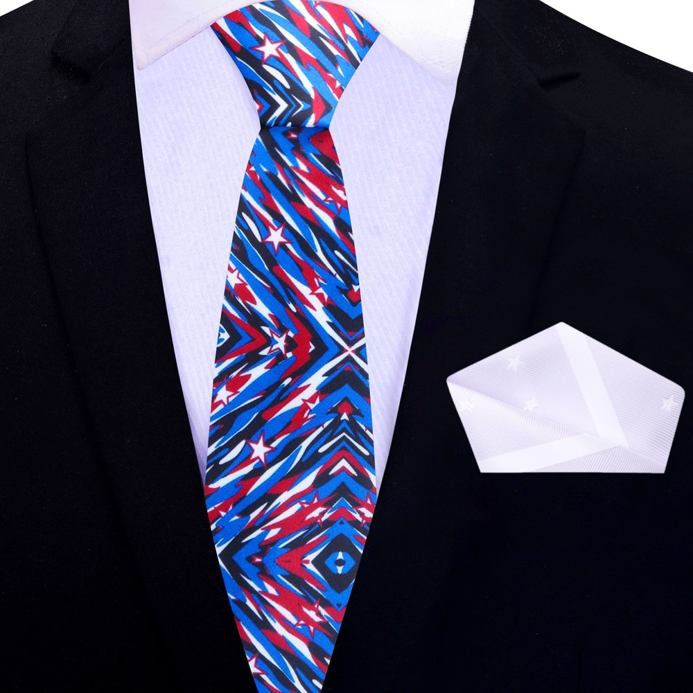 Patriotic silk necktie draped over a navy blue suit, enhancing its sophisticated look.