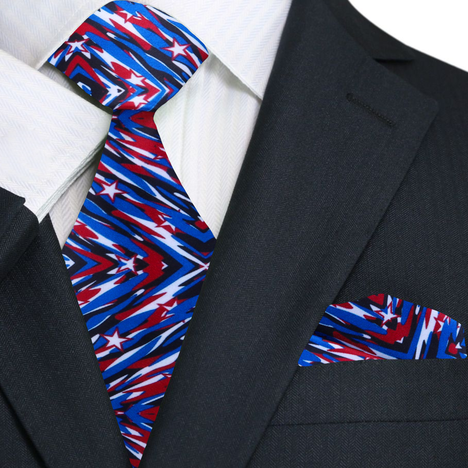 Formal necktie showcasing abstract red, white, and blue pattern, ideal for Independence Day.