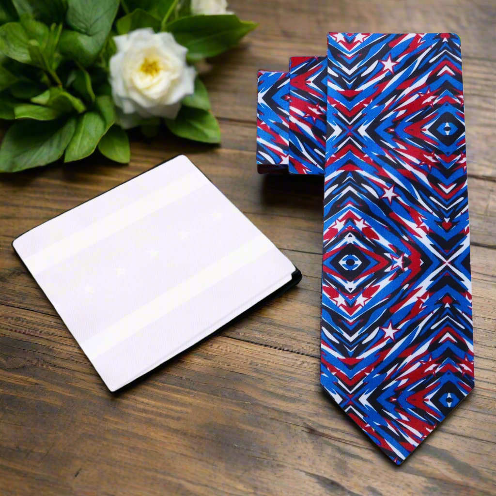 Luxury silk necktie with American flag design, perfect for political events.