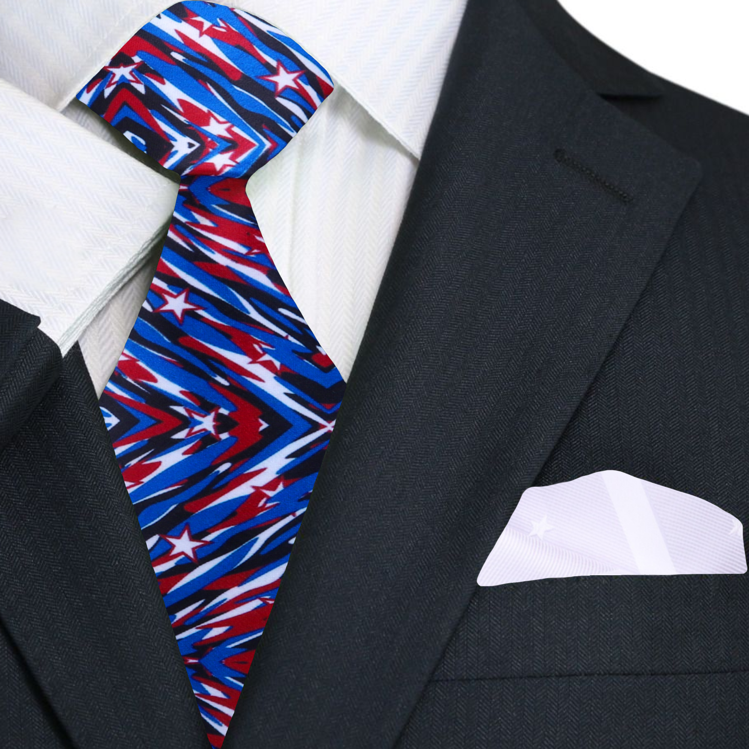 Formal necktie showcasing abstract red, white, and blue pattern, ideal for Independence Day.