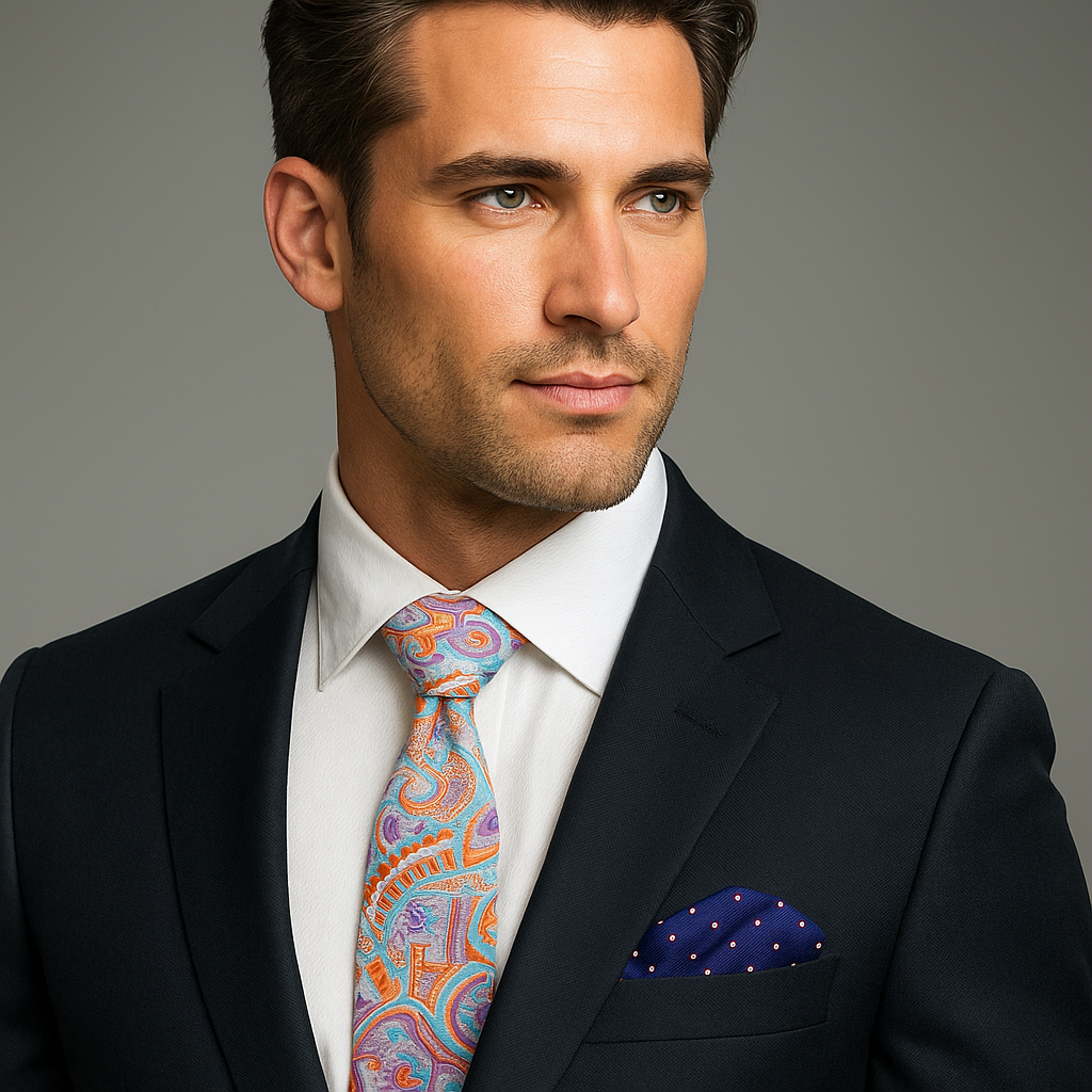 Styled with a white dress shirt and navy suit for wedding attire