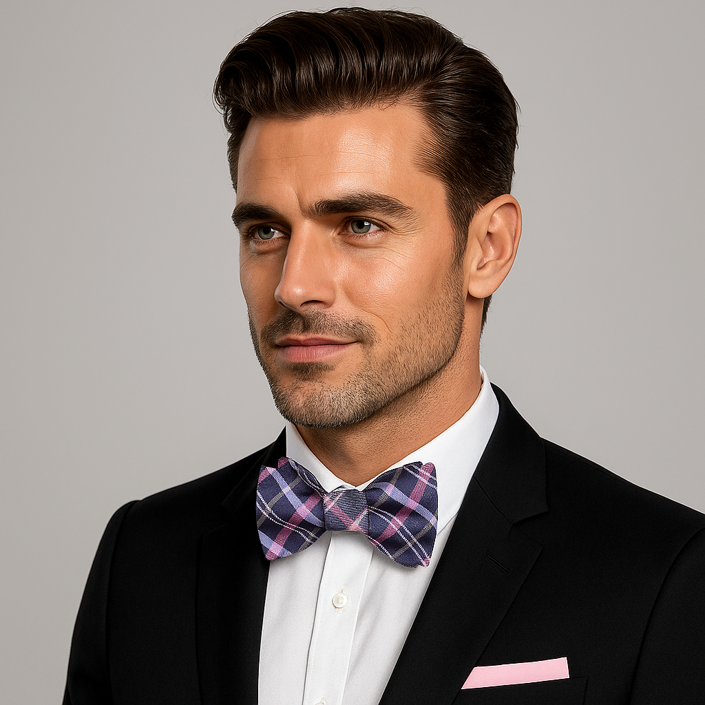 Styled outfit featuring the plaid bow tie with a white dress shirt for a wedding