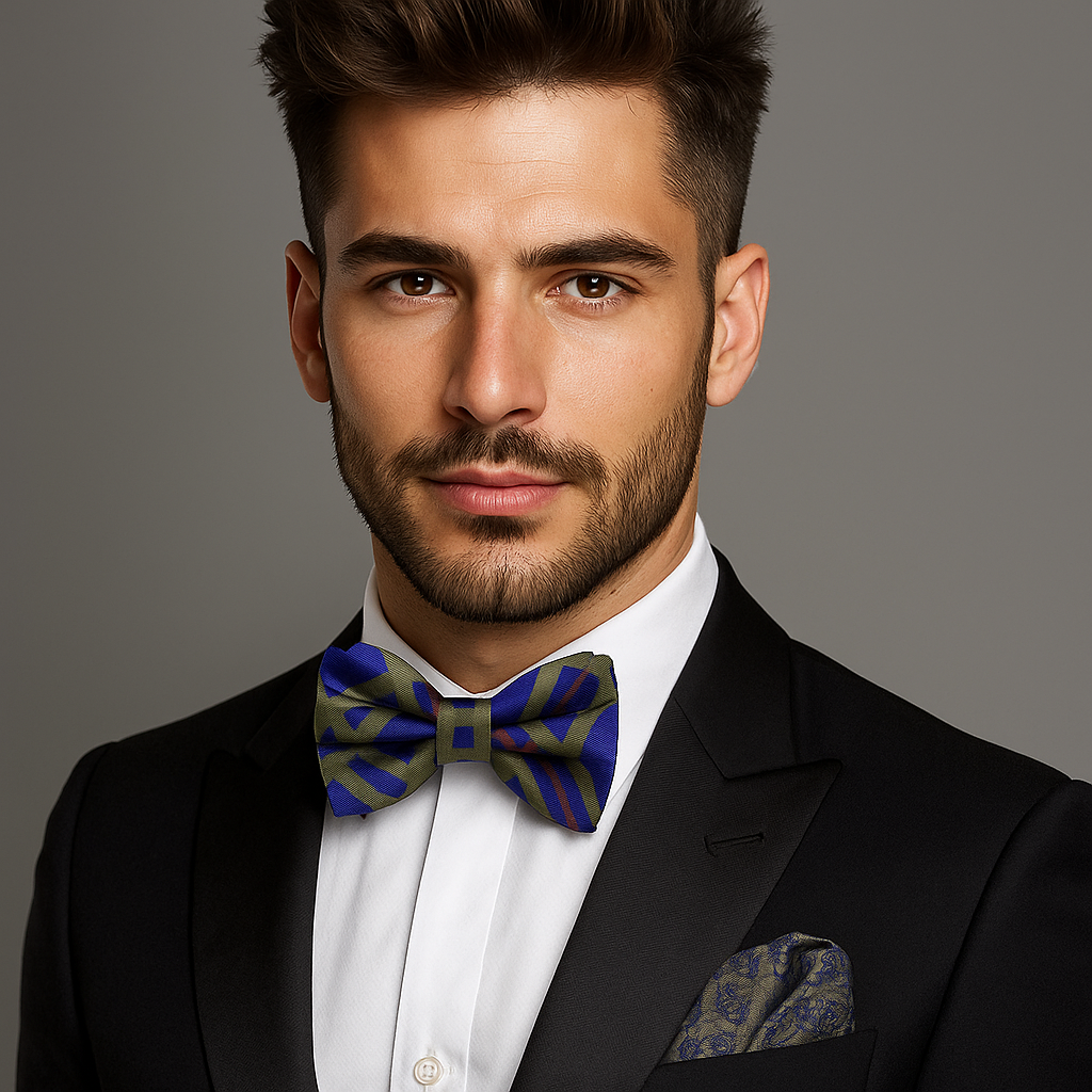 Man adjusting a plaid silk bow tie at a wedding