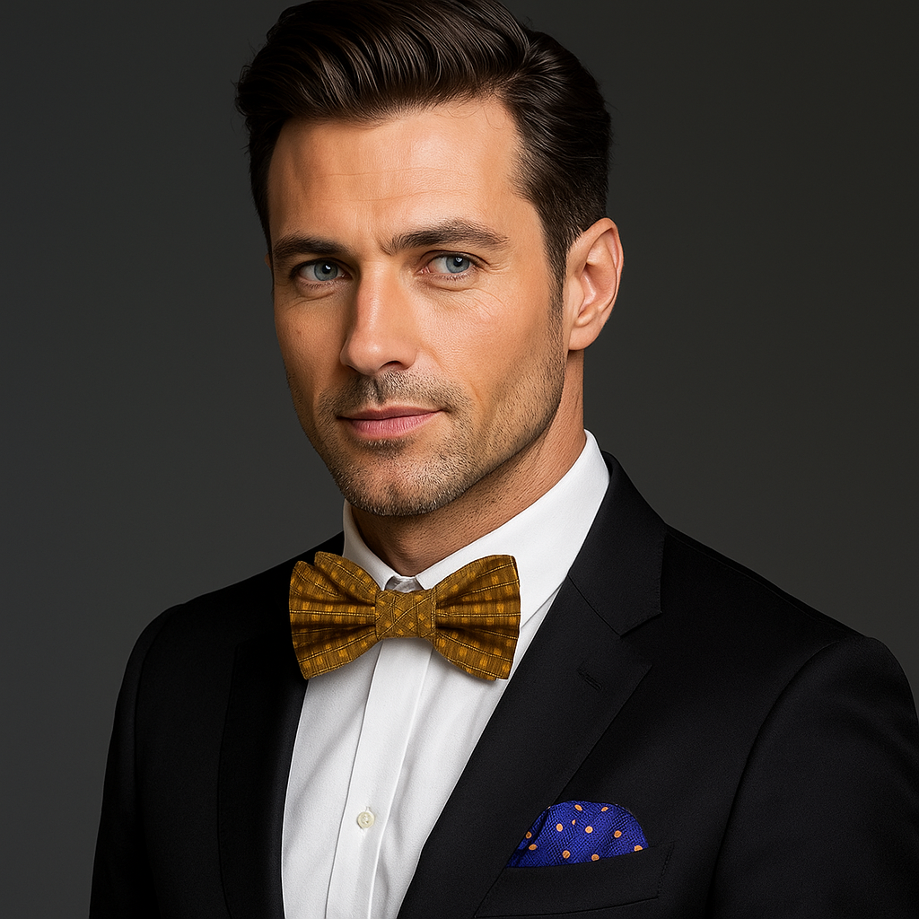 Close-up of a golden brown geometric bow tie against a navy suit, highlighting its elegance.