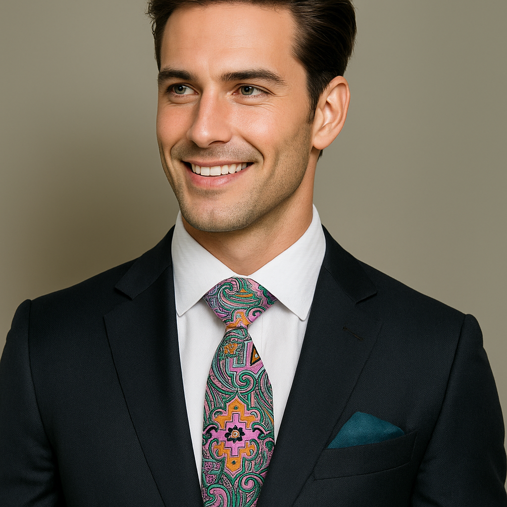 Man wearing a colorful paisley tie at a wedding with a light grey suit