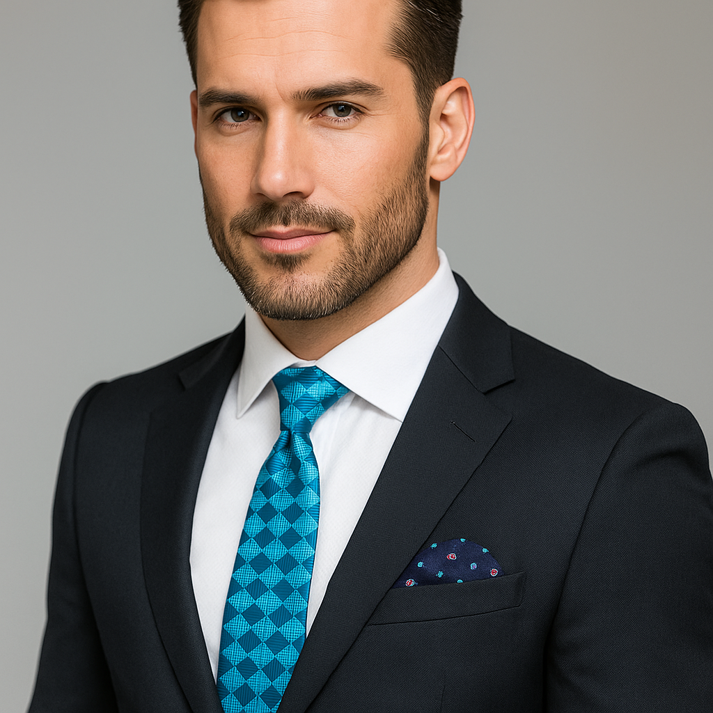 Man wearing blue patterned necktie with navy suit for a formal event